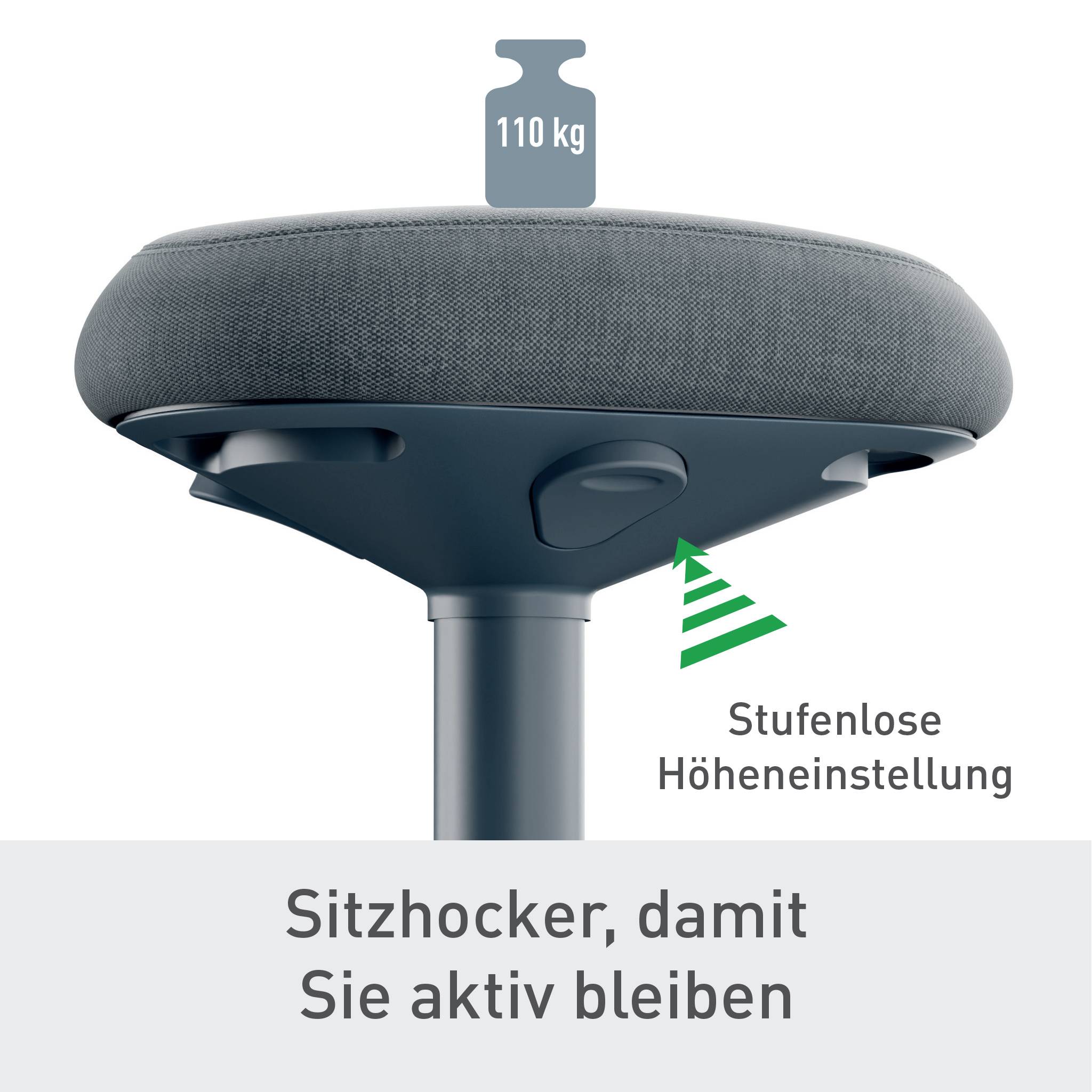 Sitzhocker mit stufenloser Höheneinstellung, belastbar bis 110 kg. Fördert aktives Sitzen.