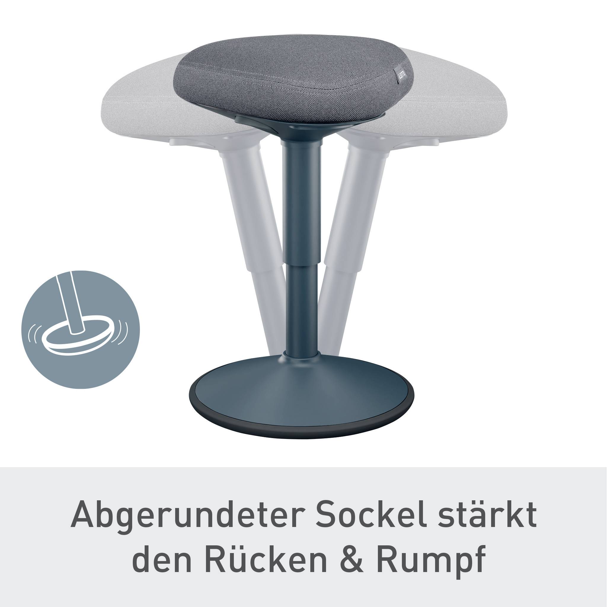 Abgerundeter Bürostuhl mit Kippmechanismus, designed zur Stärkung von Rücken und Rumpf; Hinweis-Icon zeigt die Flexibilität des Sockels.