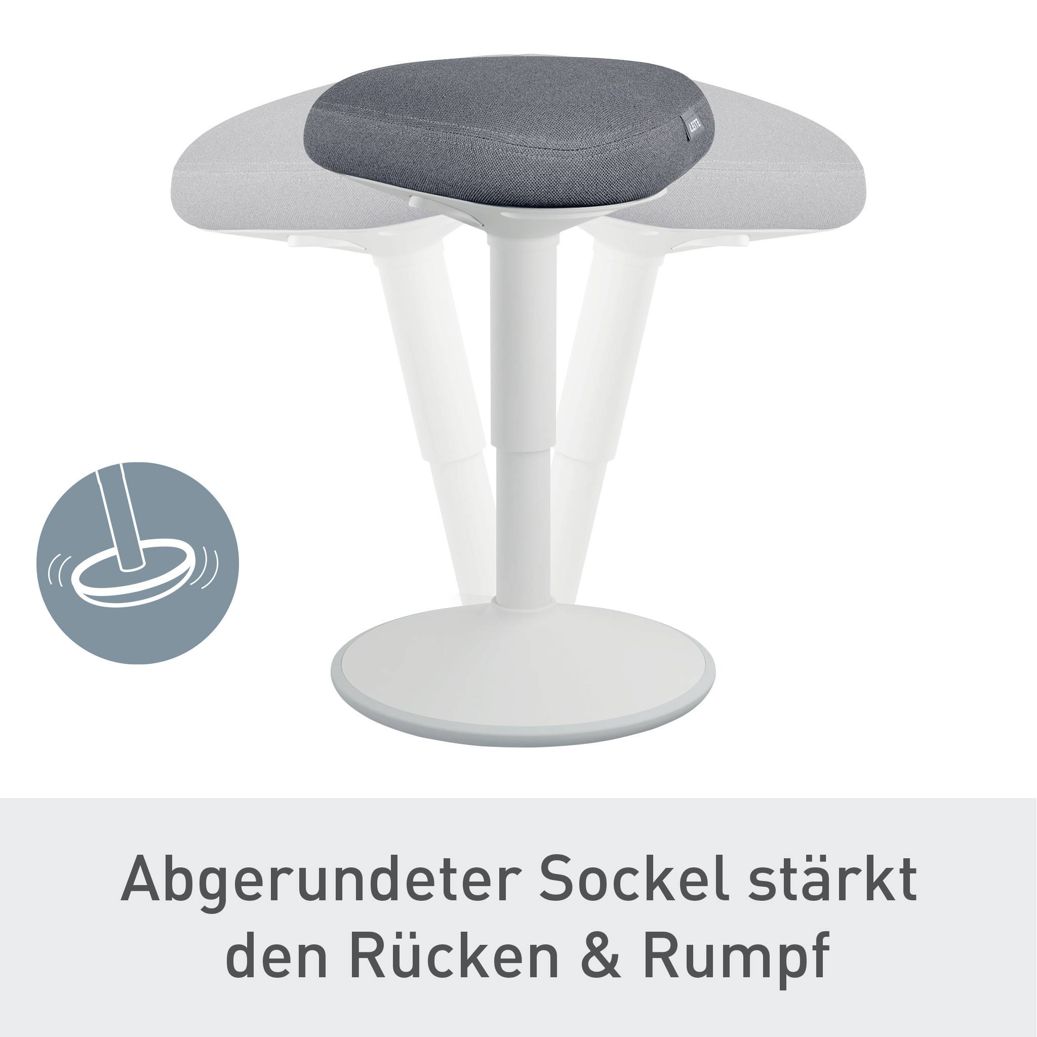Ein ergonomischer Hocker mit abgerundetem Sockel zeigt einen Hinweis, dass er den Rücken und Rumpf stärkt.
