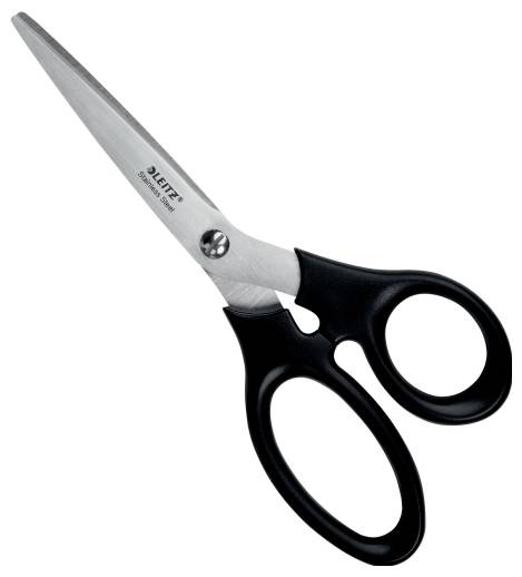 Eine schwarze Schere mit metallenen Klingen liegt geschlossen da. Sie hat ergonomische Griffe und sieht funktional aus.