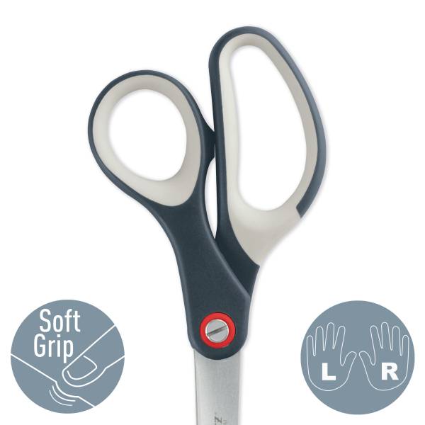 Schere mit ergonomischem Soft-Grip-Griff, geeignet für Links- und Rechtshänder, abgebildet mit Icons und Beschriftungen.