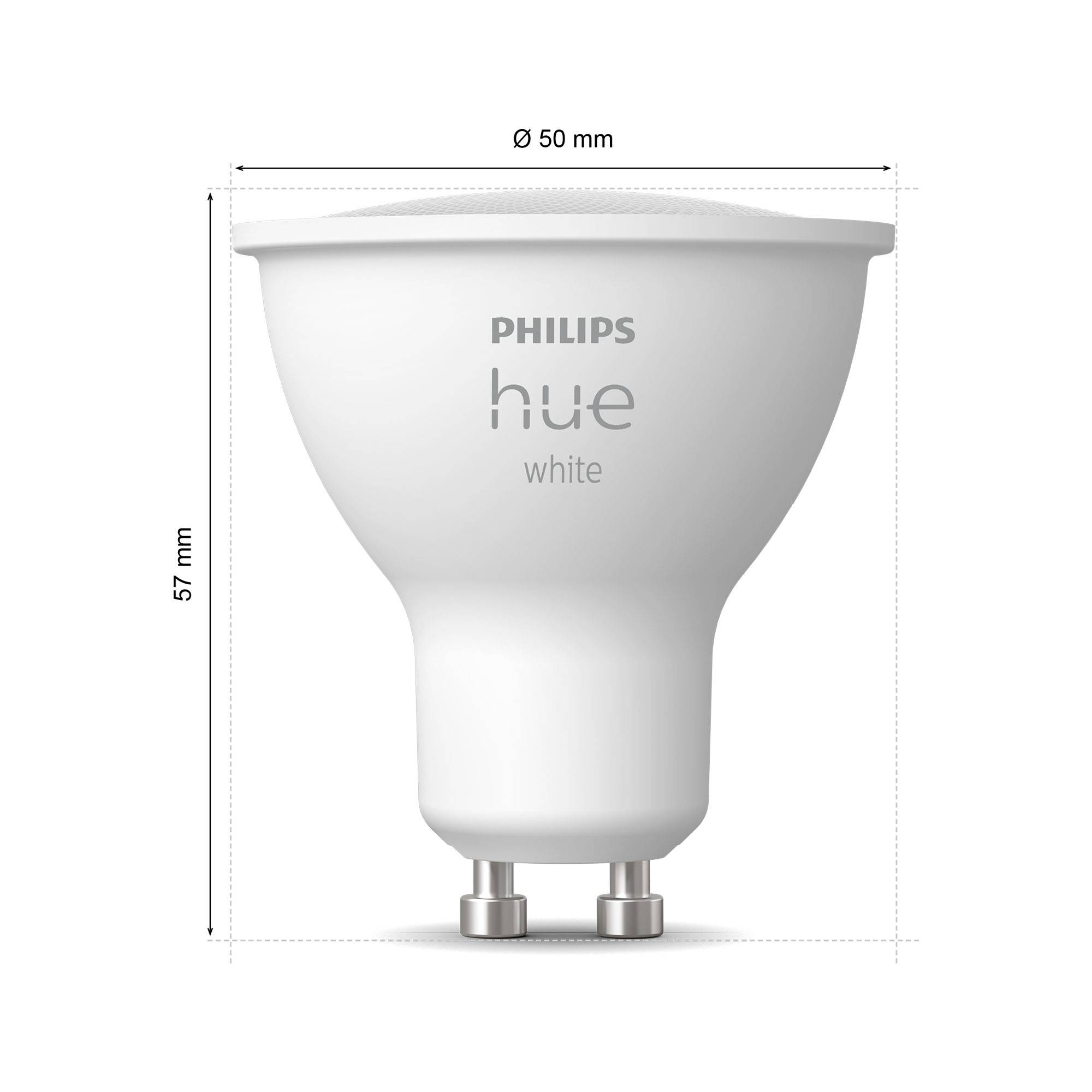 Eine Philips Hue White GU10 LED-Glühbirne, 57 mm hoch und 50 mm im Durchmesser, geeignet für smarte Beleuchtung.