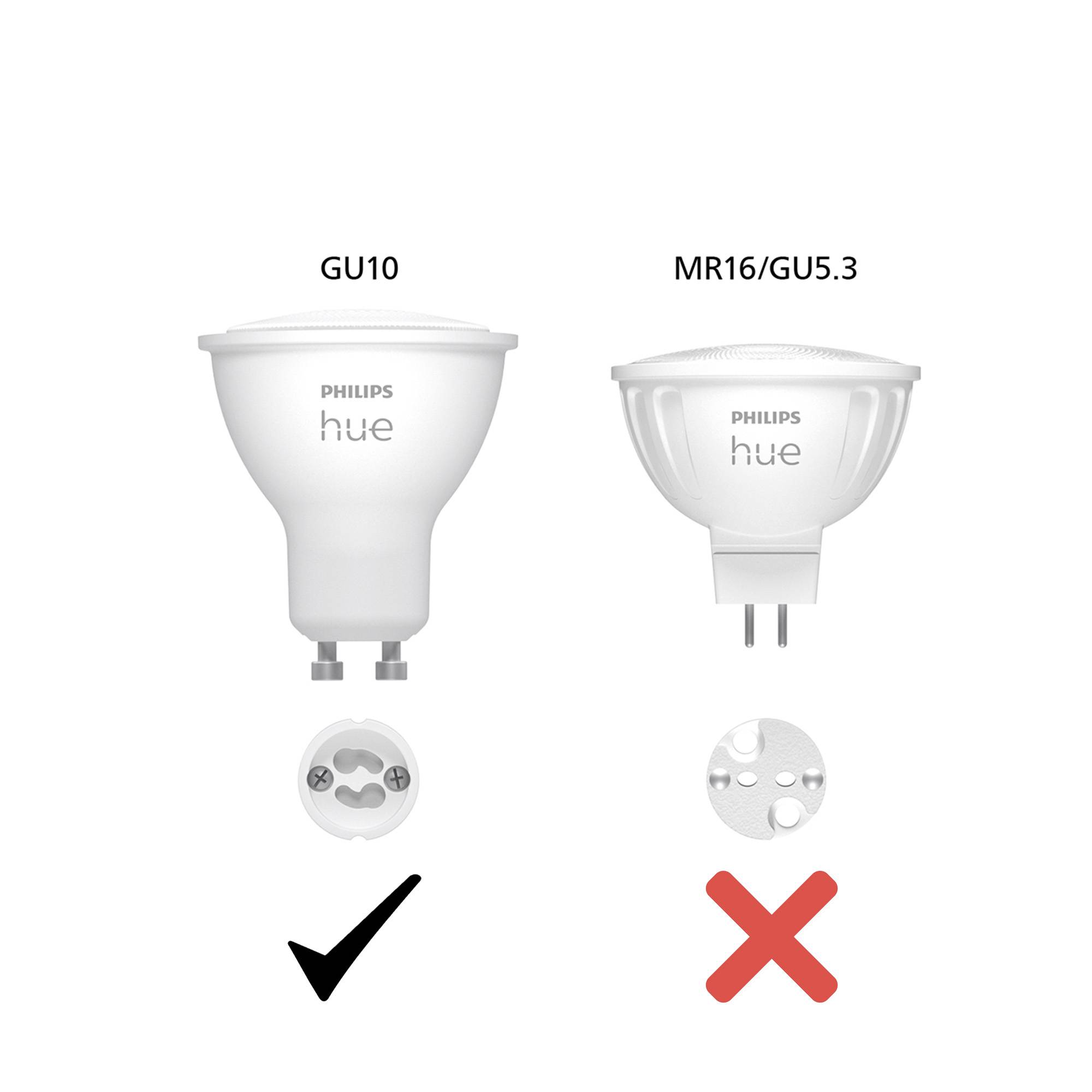 Zwei Philips Hue Lampen: links GU10 mit Haken, rechts MR16/GU5.3 mit Kreuz. GU10 wird als passende Wahl angezeigt.