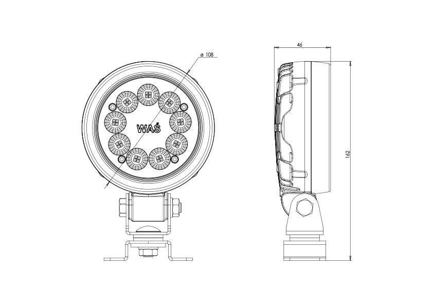Technische Zeichnung einer runden LED-Leuchte mit acht LEDs, Seiten- und Frontalansicht, zeigt Maße und Details der Befestigung.