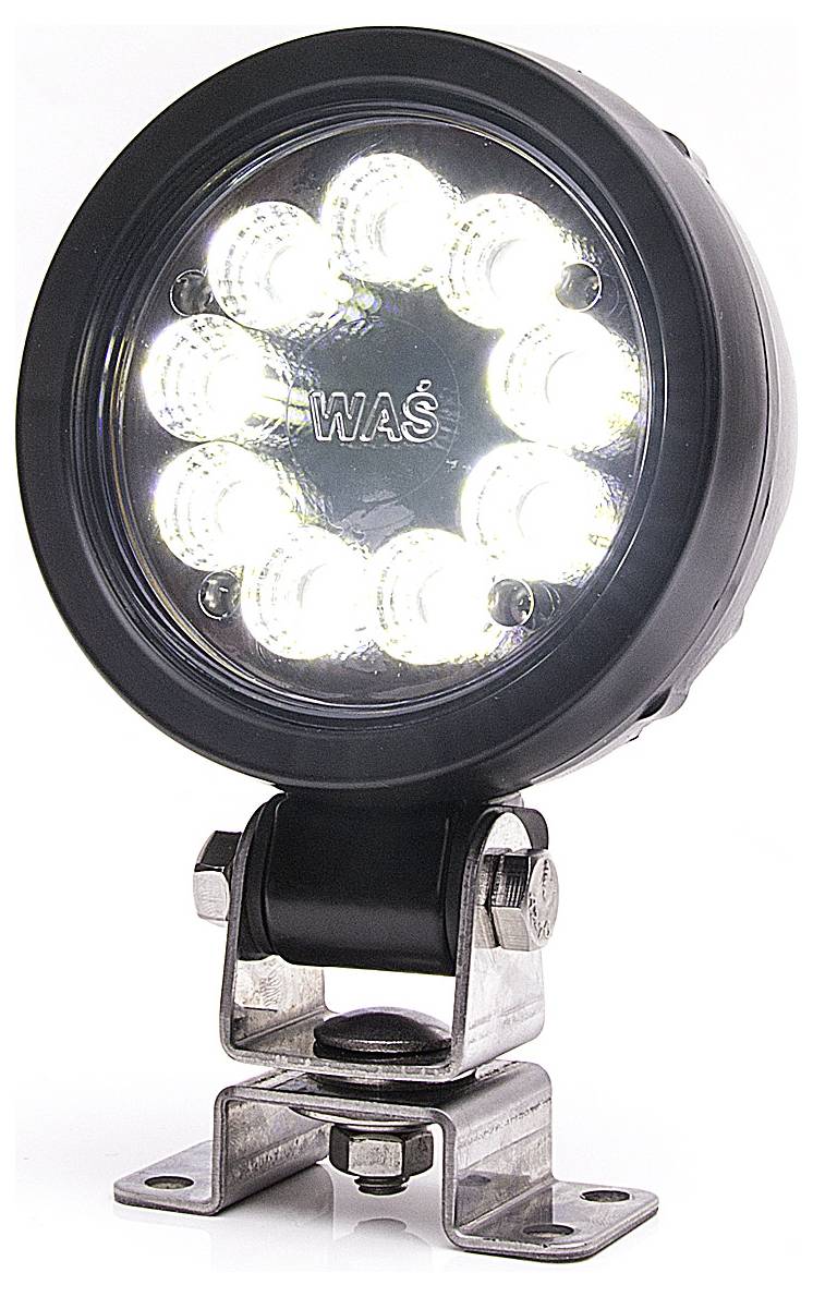 Runde LED-Arbeitsleuchte mit neun leuchtenden LEDs und Metallhalterung.