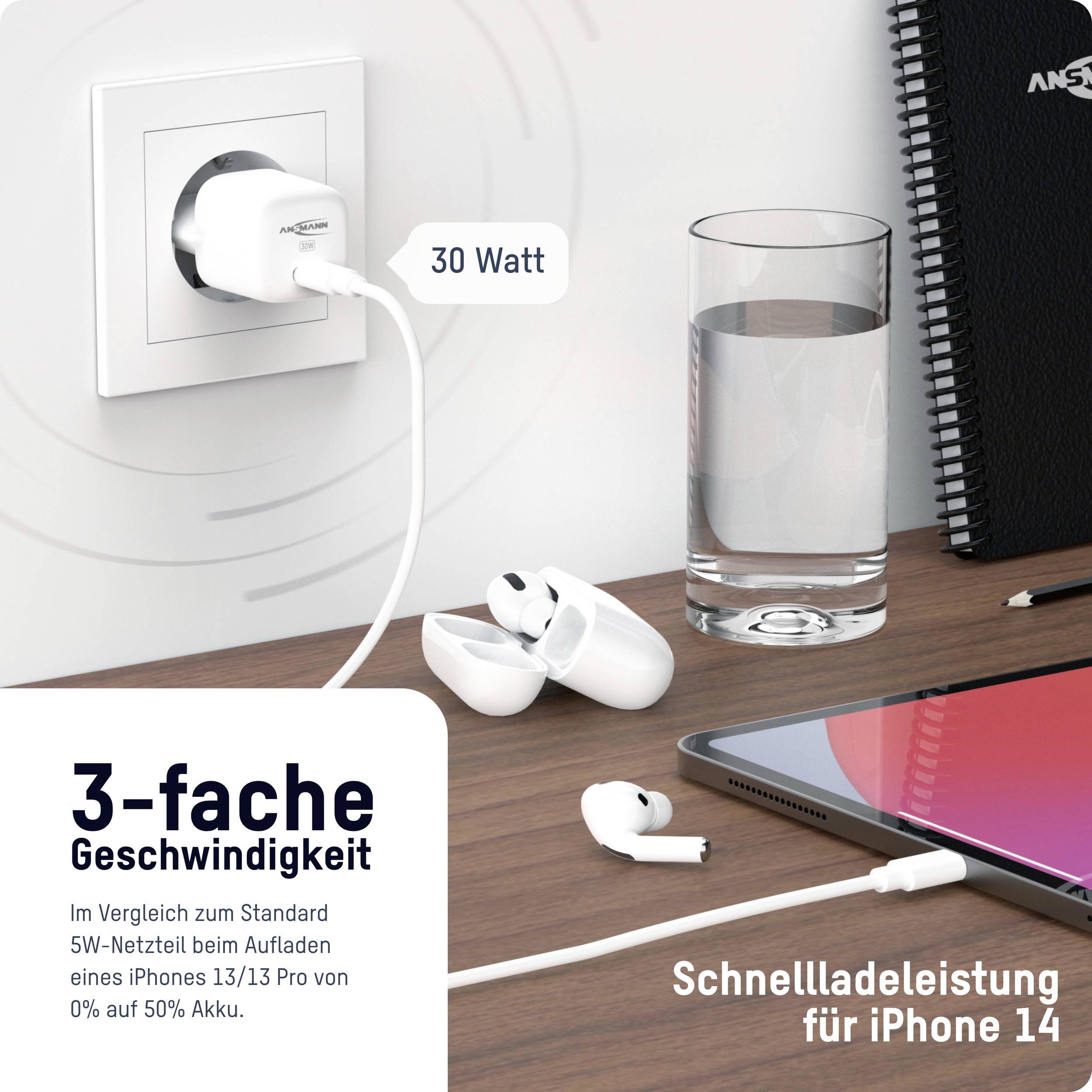 Ansmann Home Charger HC130PD mini USB Ladegerät 30 W 1x USB-C® Weiß Innenbereich