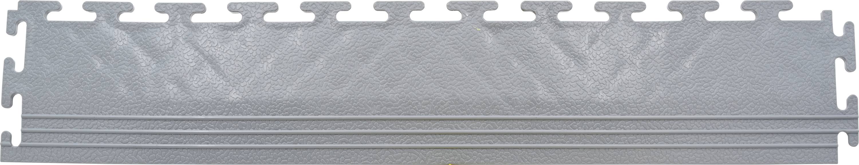 Metallisches, graues Bauteil mit regelmäßigen rechteckigen Ausstanzungen an der oberen Kante. Glatte Oberfläche mit horizontalen Linien.