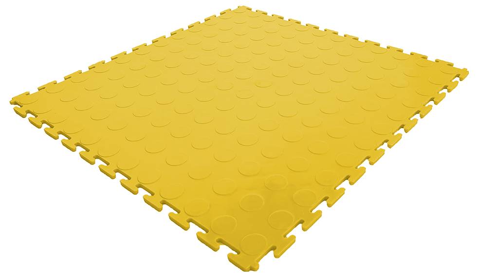 Gelbe, quadratische Plastikmatte mit kreisförmigen Erhebungen, die ineinander greifend gestaltet ist. Sie zeigt einen Puzzleteil-Rand.