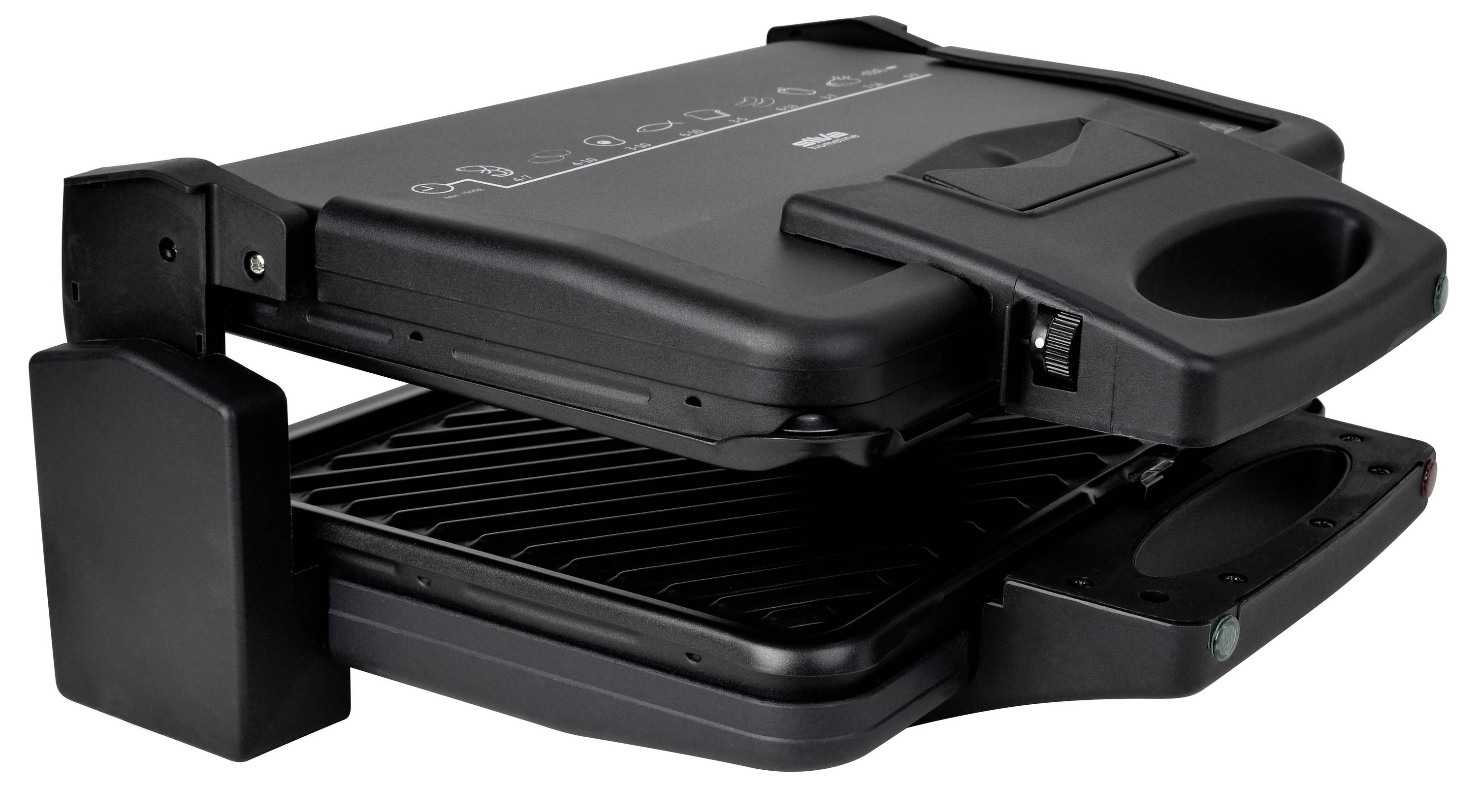 Ein schwarzer Kontaktgrill mit gerippter Grillfläche, geöffnet. Geeignet zum Grillen von Sandwiches, Fleisch oder Gemüse.