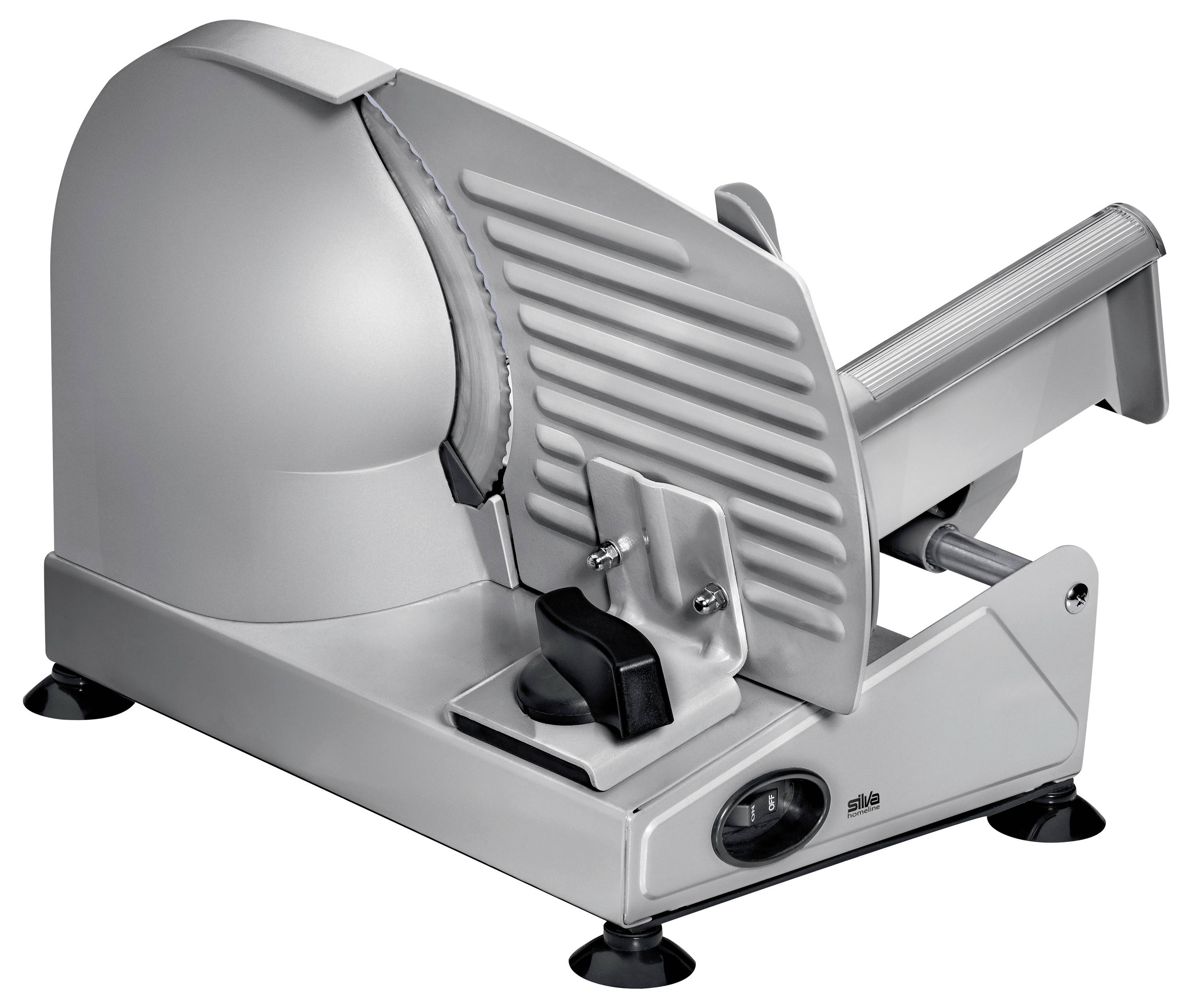 Ein silberner elektrischer Allesschneider mit gezackter Klinge und einstellbarer Schnittdicke auf rutschfesten Saugnäpfen.