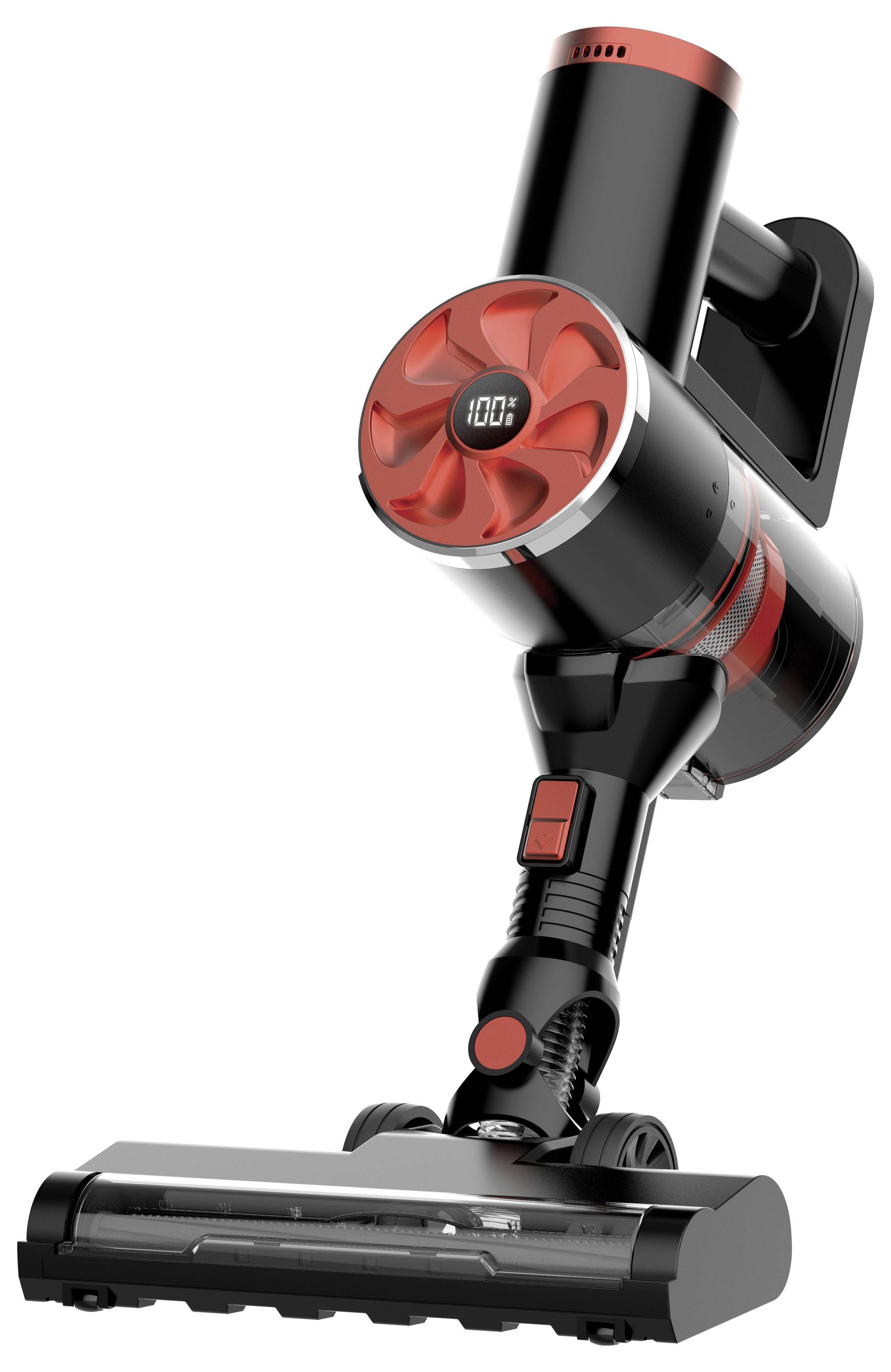 Kabelloser Staubsauger in Schwarz und Rot mit digitaler Anzeige, leichtes und handliches Design, ideal für schnelle Reinigungen.