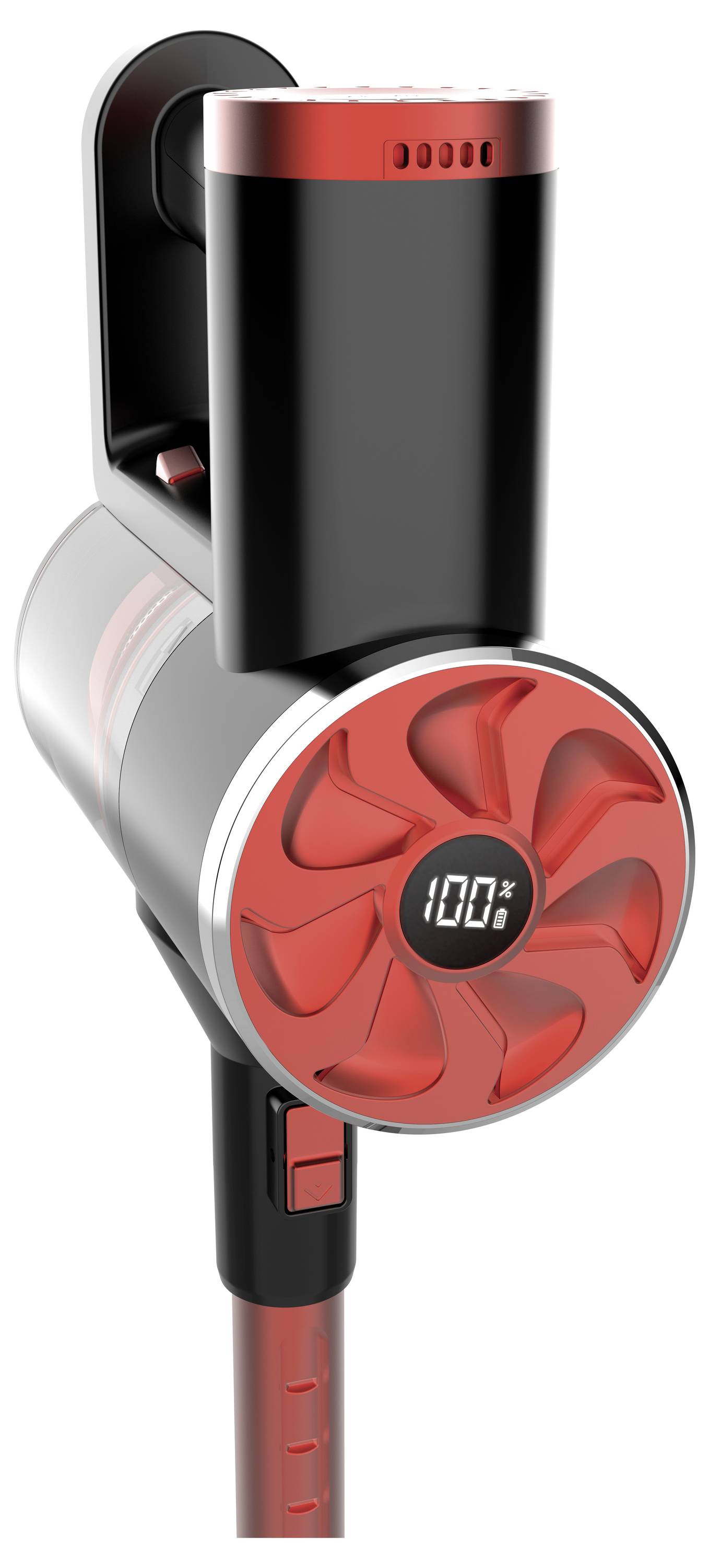 Kabelloser, roter Handstaubsauger mit digitalem Display zeigt '100%'. Kompaktes, modernes Design mit ergonomischem Griff.