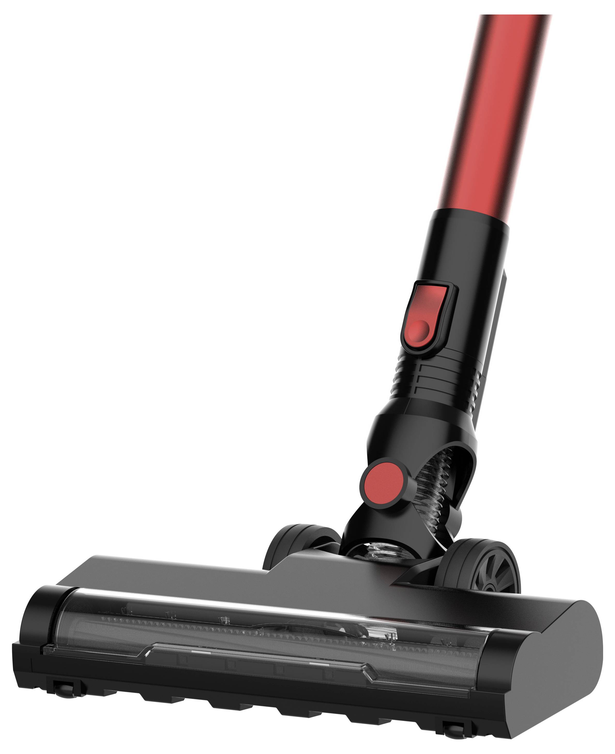 Ein kabelloser, roter Staubsauger mit Bürstenkopf ist abgebildet. Ideal zum Reinigen von Böden und Teppichen.