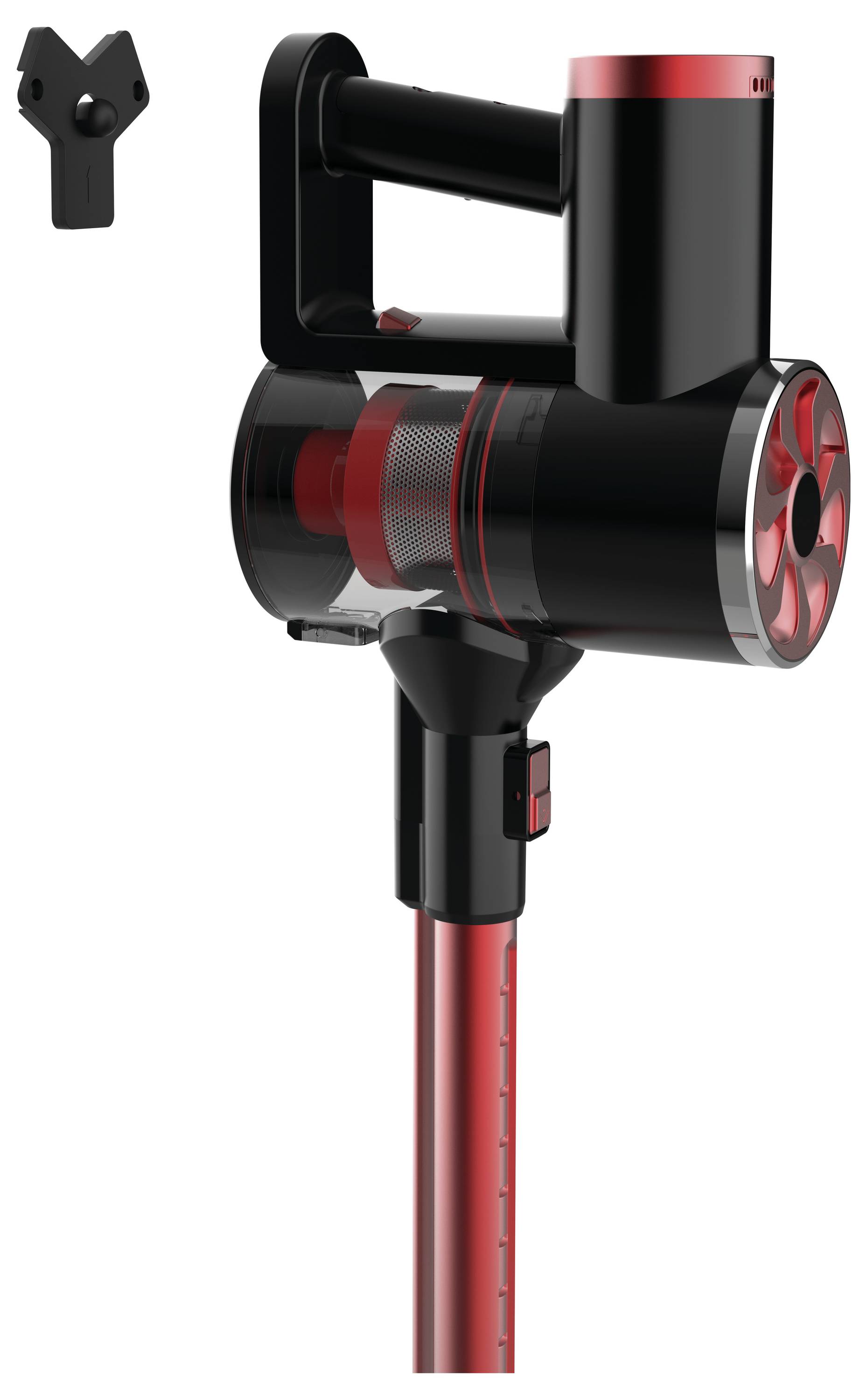 Schwarzer und roter kabelloser Staubsauger mit Zubehör an der Wandhalterung. Modernes Design für effiziente Reinigung.