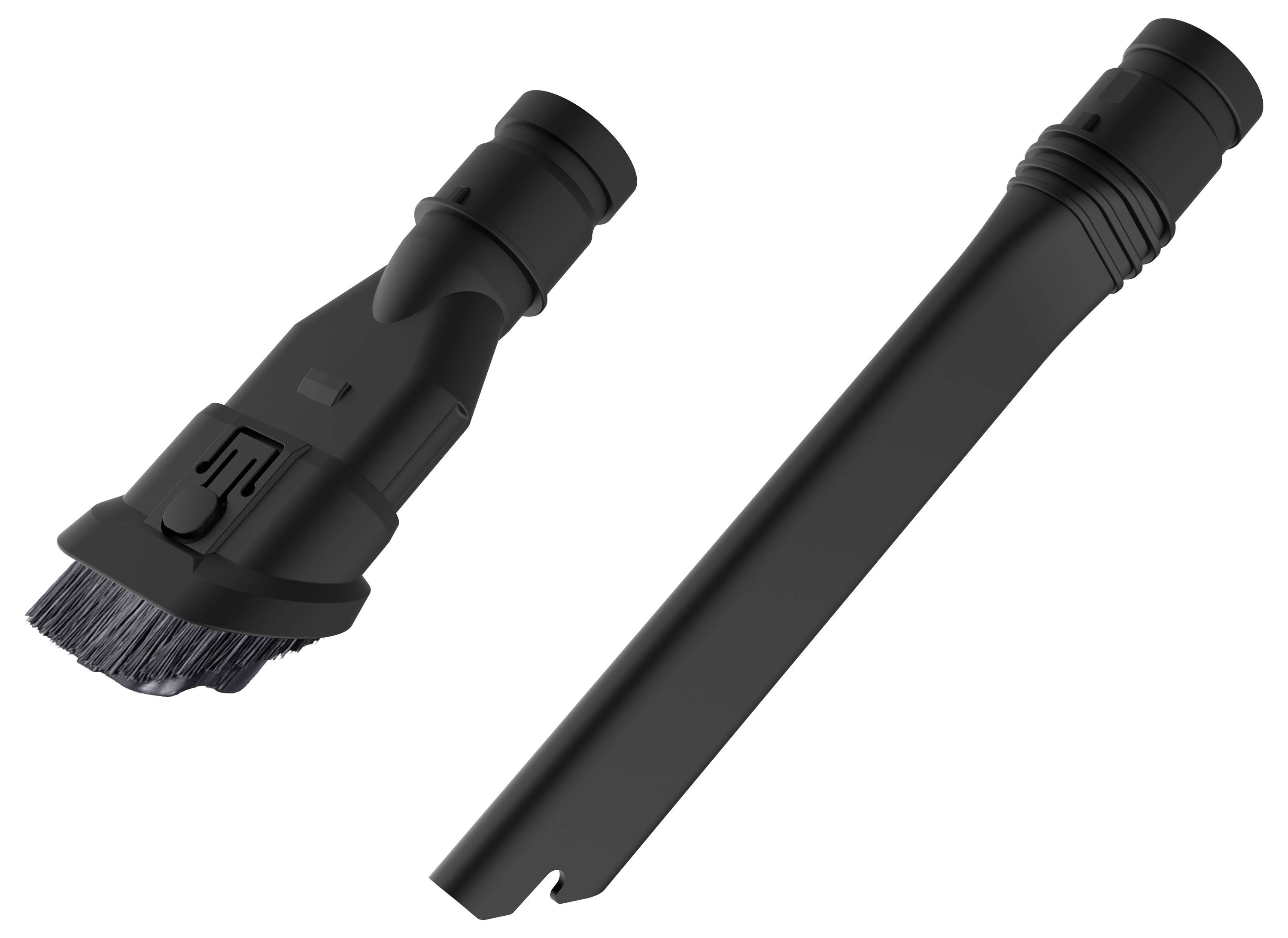 Zwei Staubsaugeraufsätze: links eine Bürstendüse mit weichen Borsten, rechts eine schmale Fugendüse für schwer erreichbare Stellen.