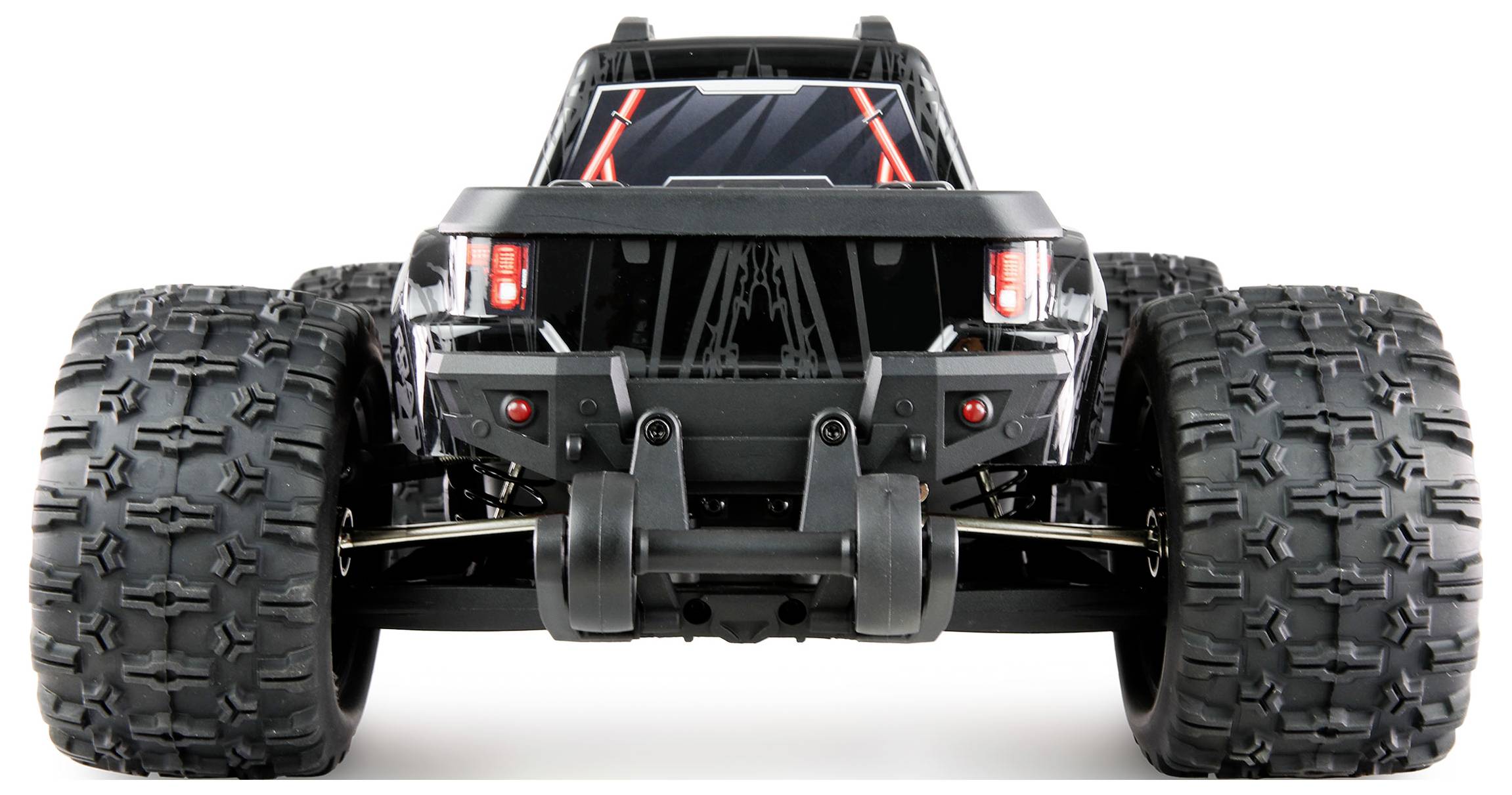 Ein ferngesteuertes Auto von hinten, mit großen Geländereifen und einem stabilen Rahmen, geeignet für Offroad-Fahrten.