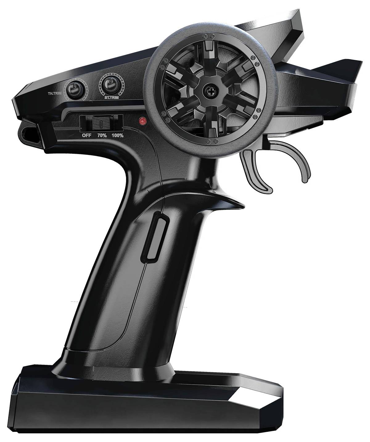 Ein schwarzer Funkcontroller mit einem großen Steuerrad und mehreren Schaltern, geeignet für die Steuerung ferngesteuerter Fahrzeuge.