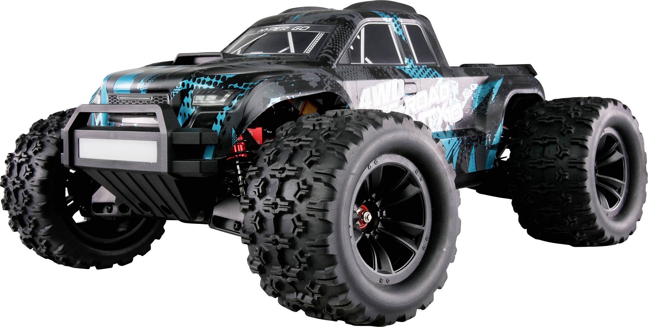 Ferngesteuertes Spielzeugauto mit großen, strukturierten Reifen und schwarzem Chassis, dekoriert mit blauen und weißen Mustern.