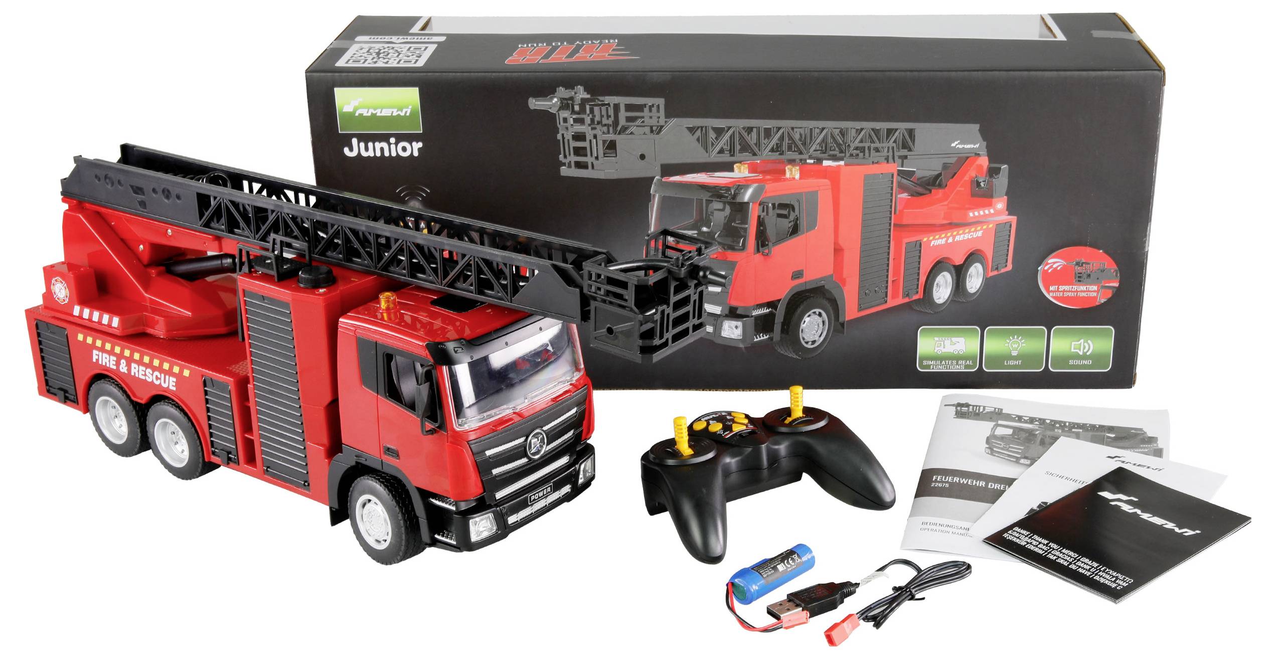Amewi Feuerwehr Drehleiter 1:18 RC Funktionsmodell Einsatzfahrzeug