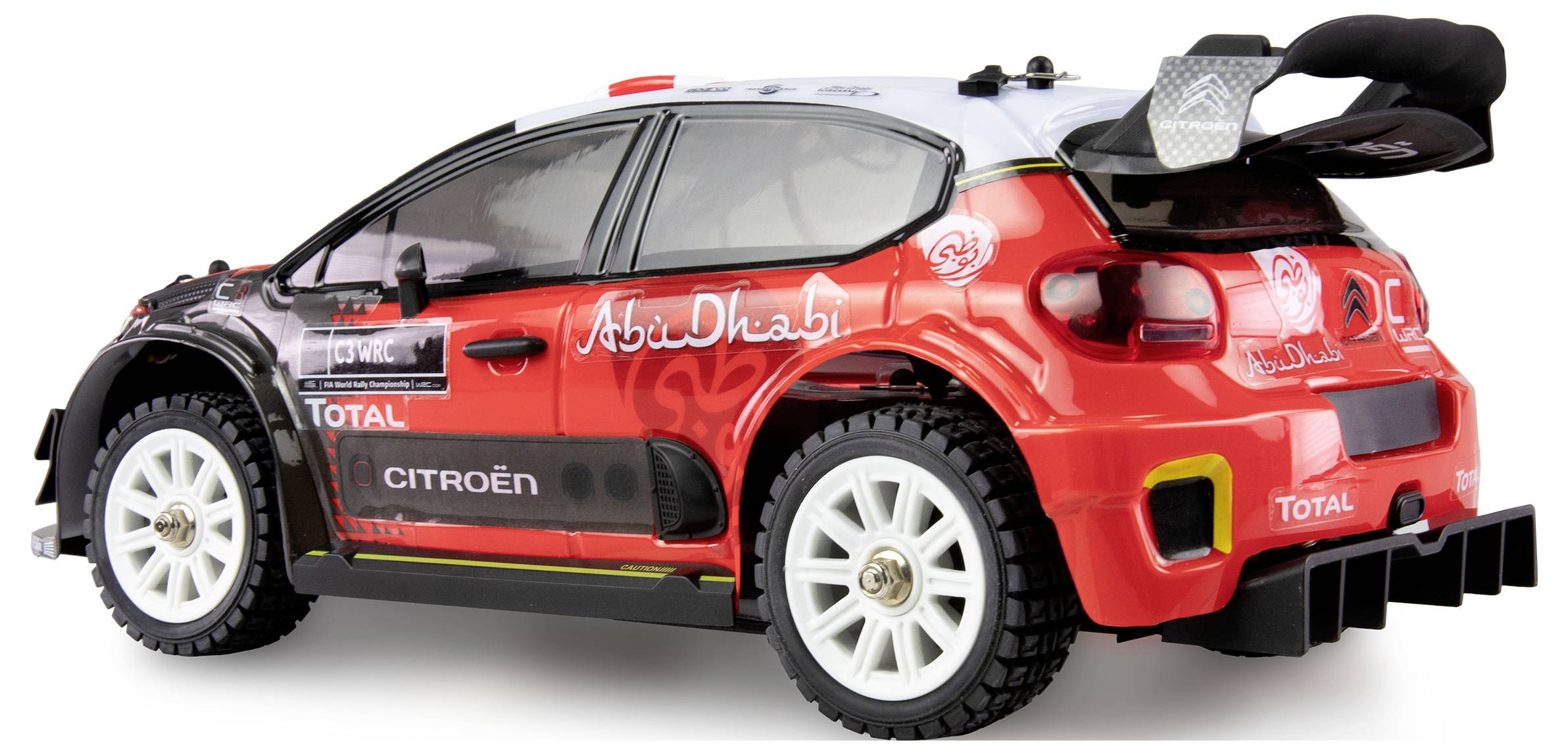 Ein rot-schwarzes Rallyeauto-Modell, Citroën Markierung und Sponsorenlogos darauf. Hintergrund neutral, Fokus auf Fahrzeugdetails.