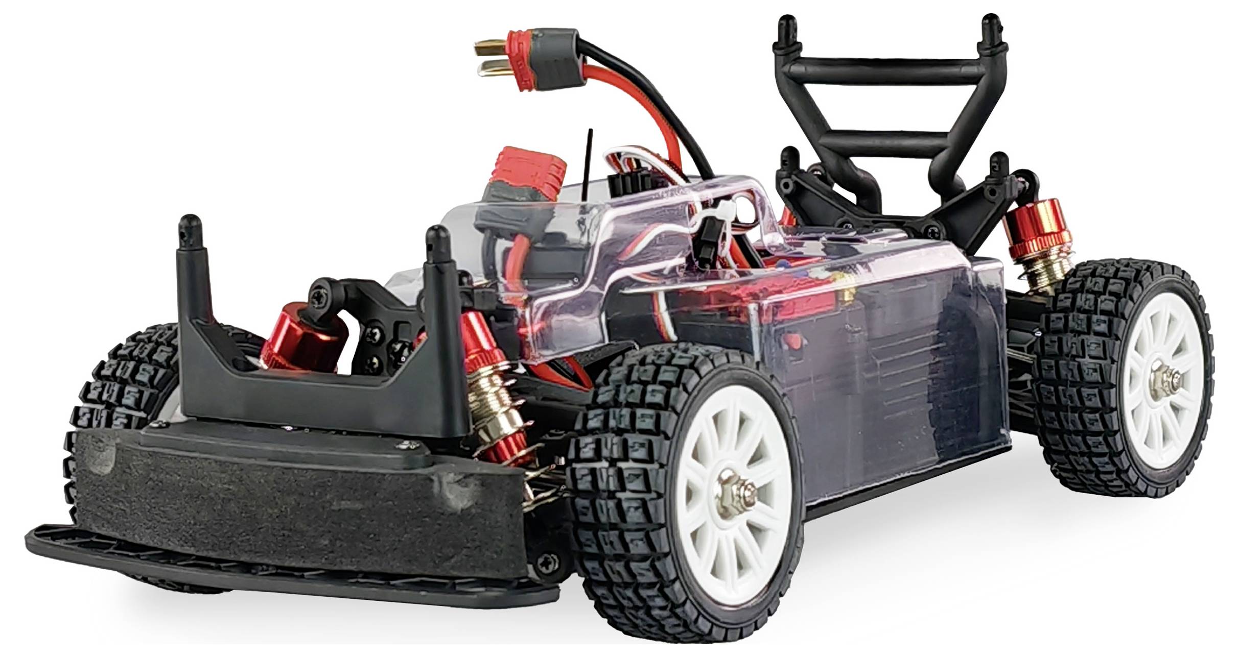 Spielzeug-RC-Auto ohne Karosserie zeigt freiliegende Mechanik und Elektronik auf weißem Hintergrund.