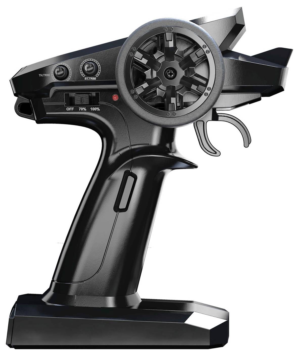 Schwarzer Funkfernsteuerung, seitliche Ansicht. Zeigt Knöpfe für Lenkung und einen Trigger, um Geschwindigkeit zu kontrollieren.