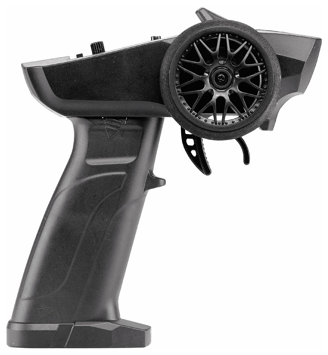 Schwarz-grauer Fernsteuerungs-Controller mit Rad an der Seite, zum Steuern von Spielzeugmodellen wie z.B. ferngesteuerten Autos.