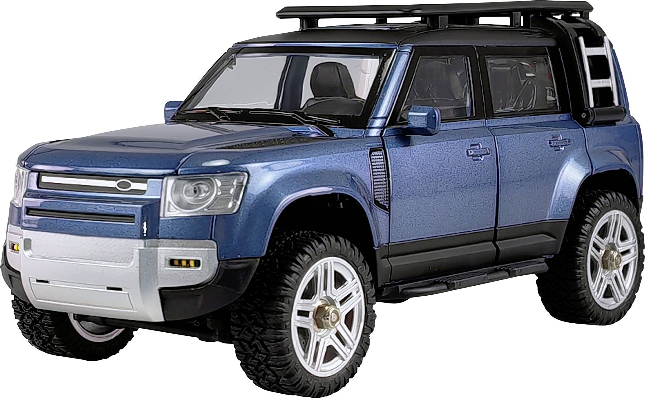 Blaues SUV-Modellauto mit schwarzen Akzenten und silbernen Felgen, Seitenansicht, zeigt Details wie Dachträger und robuste Räder.
