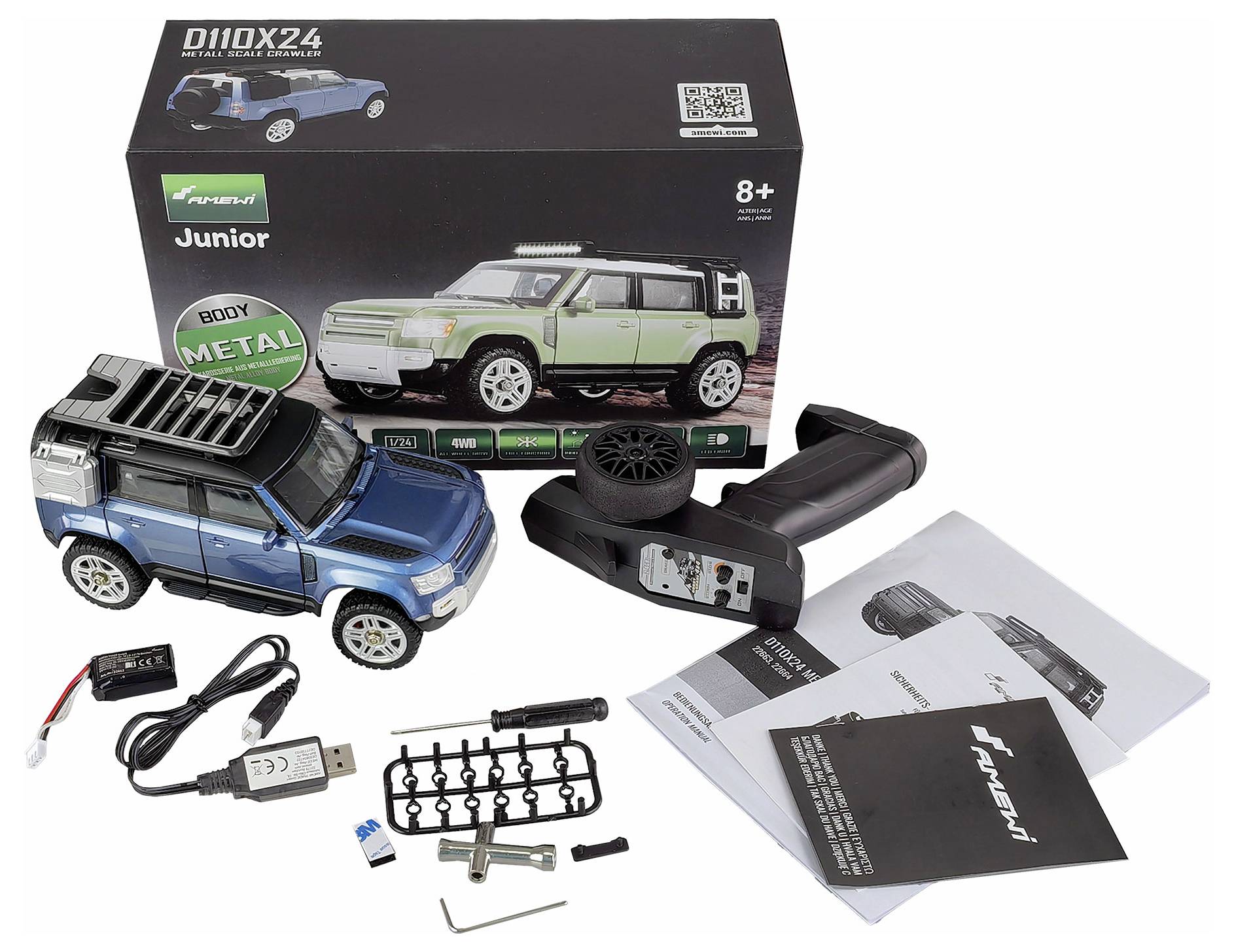 'Ferngesteuertes Auto-Bausatz für Kinder ab 8 Jahren' mit Anleitung, USB-Ladekabel und Fernbedienung. Hauptfarbton: Blau.