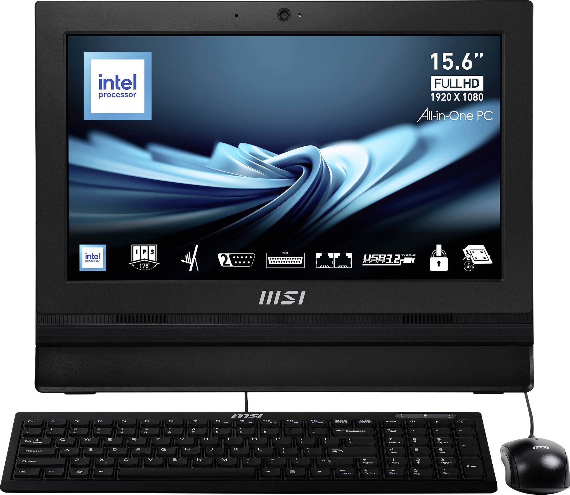 All-in-One-PC mit 15,6-Zoll-Full-HD-Bildschirm, Intel-Prozessor und Tastatur; ideal für kompakte Arbeitsumgebungen.