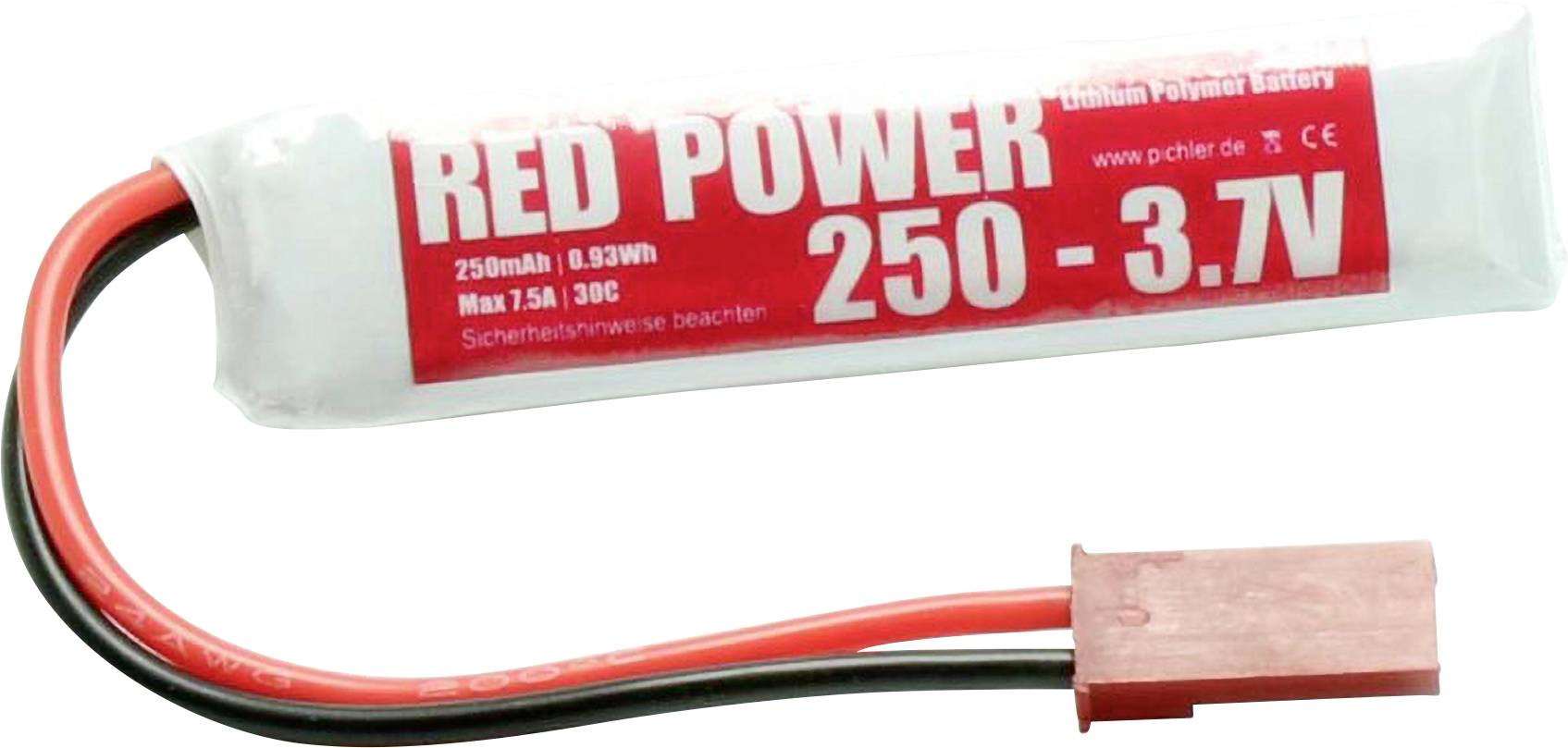 Ein roter Lithium-Polymer-Akku mit der Aufschrift 'RED POWER 250 - 3.7V', zeigt eine rote und schwarze Kabelverbindung.