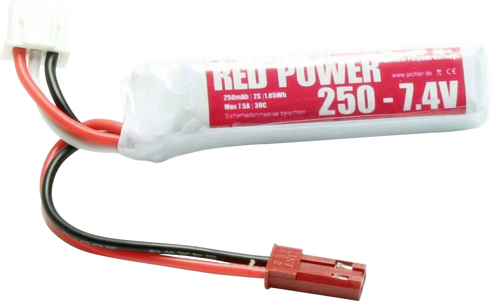 Ein roter Akku mit Kabel und Anschluss. Auf dem Akku steht: 'RED POWER 250 - 7.4V, 250mAh, 25C'.