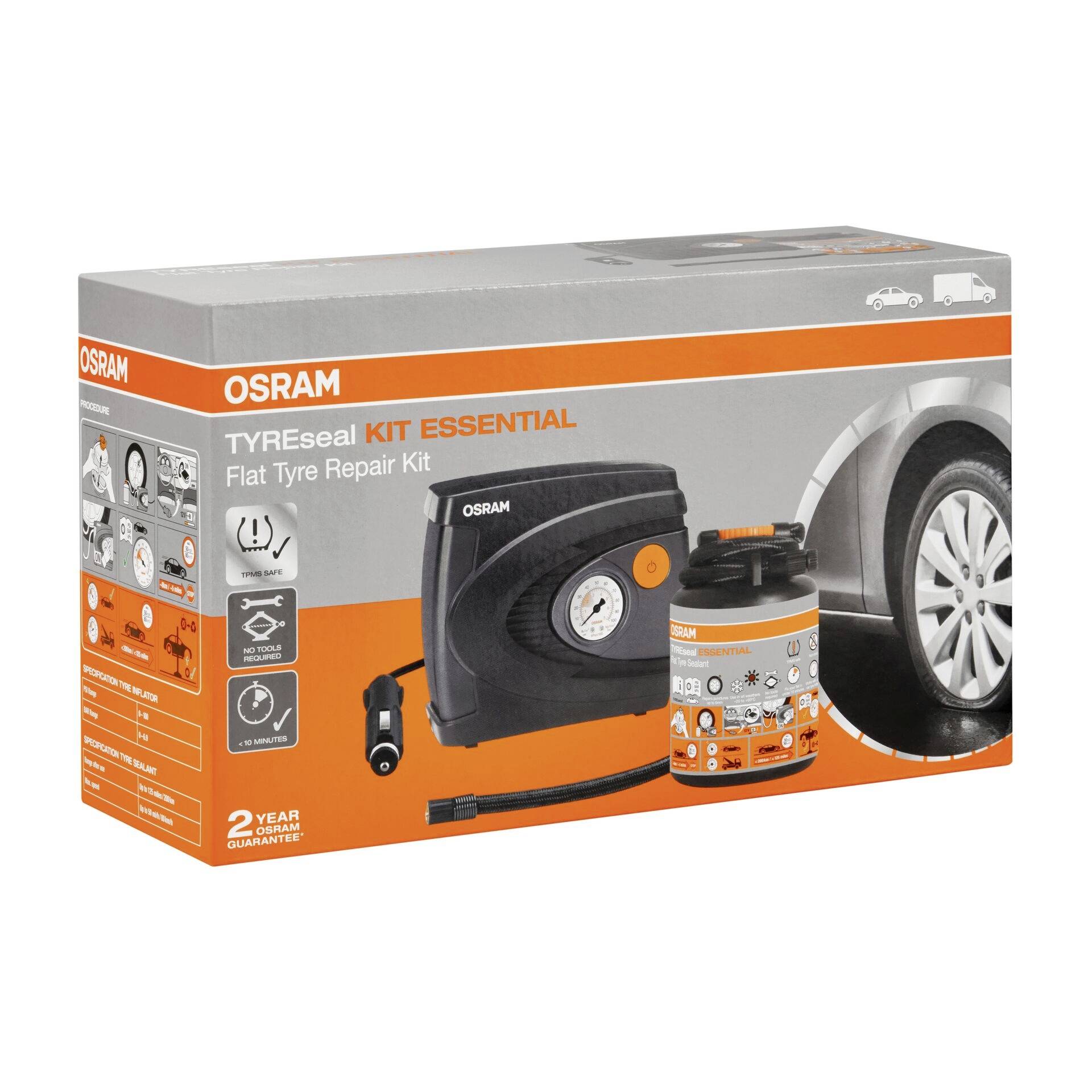 Reparaturset für Reifenpannen 'OSRAM TYREseal Kit Essential'. Abbildung zeigt Verpackung mit Abbildungen des Kits und Autoreifen.
