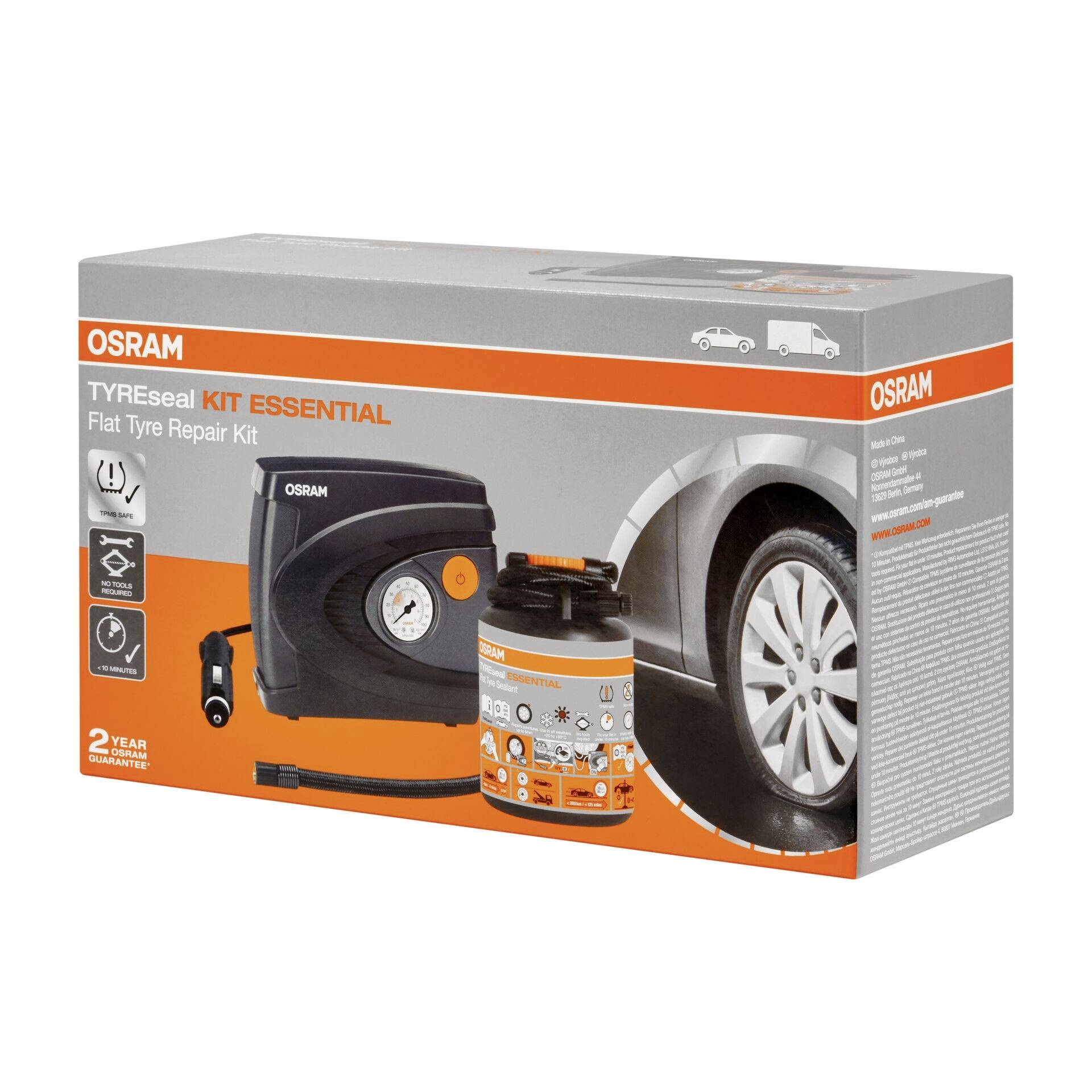 Reifenreparaturset von OSRAM mit Kompressor und Dichtmittel, ideal zum Flicken von platten Reifen. Verpackung zeigt Einsatz am Reifen.
