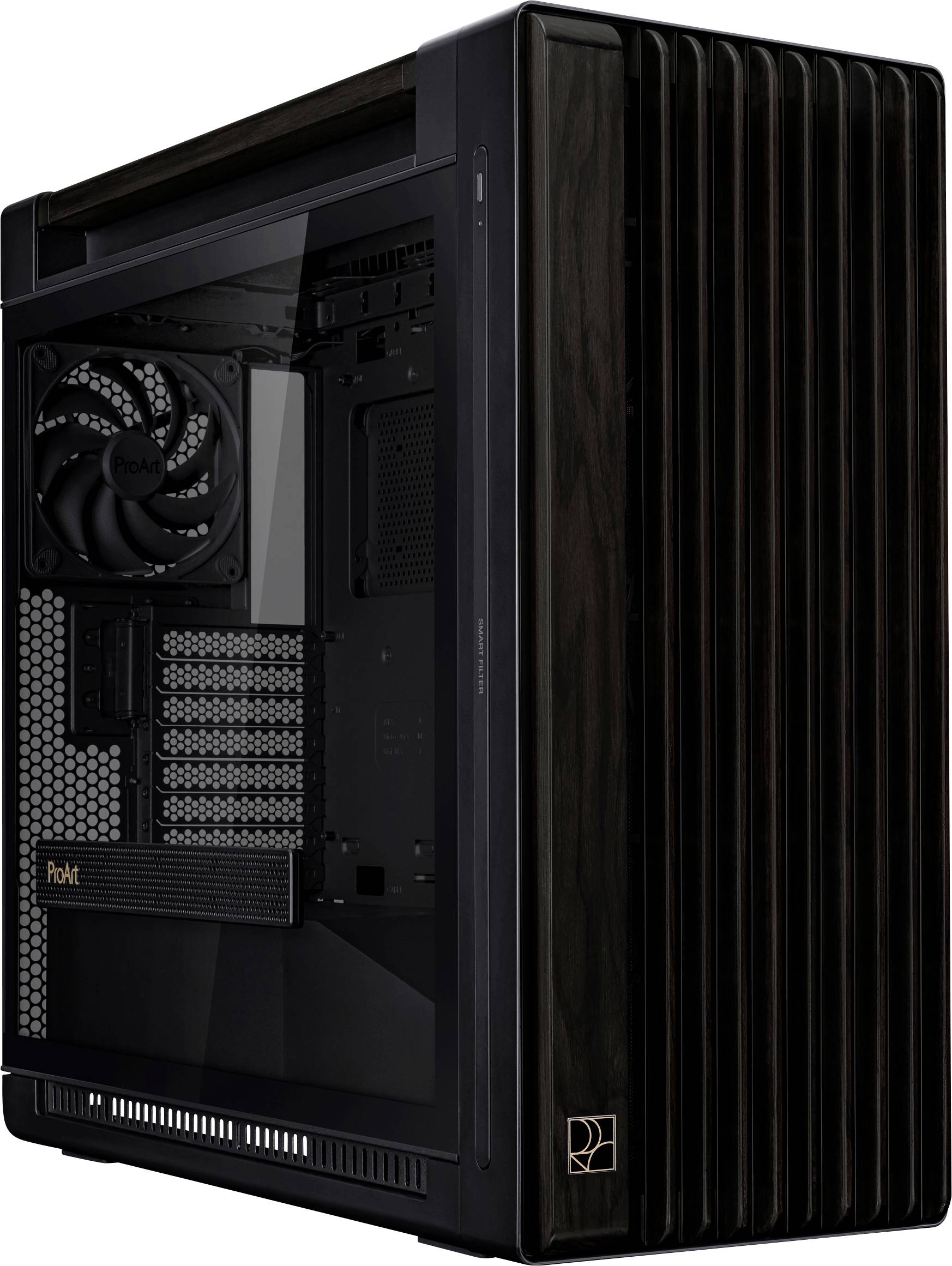 Schwarzes Computergehäuse mit transparentem Seitenpanel, zeigt interne Lüftung und Erweiterungsslots. Modernes Design.