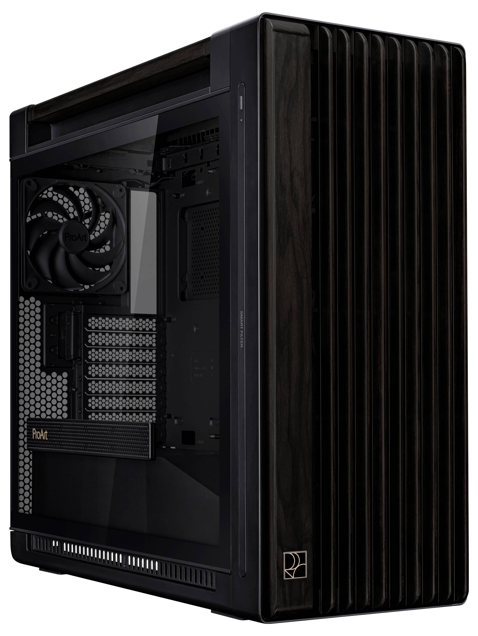 Ein schwarzes PC-Gehäuse mit Seitenfenster. Sichtbar sind Lüfter und mehrere Einschubfächer. Das Design wirkt modern und elegant.