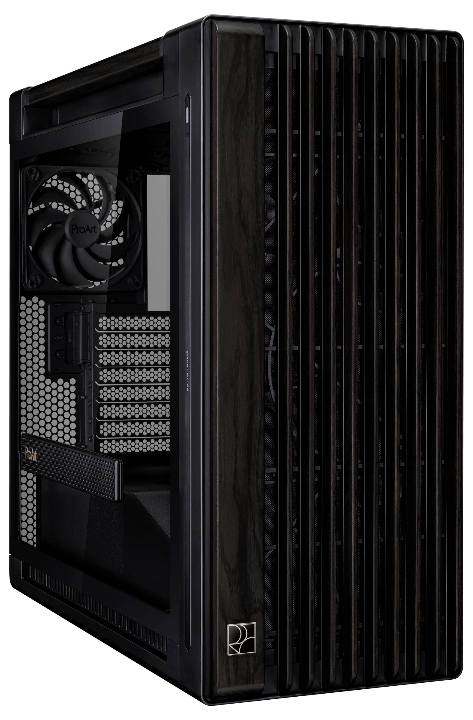 Schwarzes Computergehäuse mit Lüfter und Gitterfront, zeigt Sicht auf Hardware und Kühlung im Inneren.