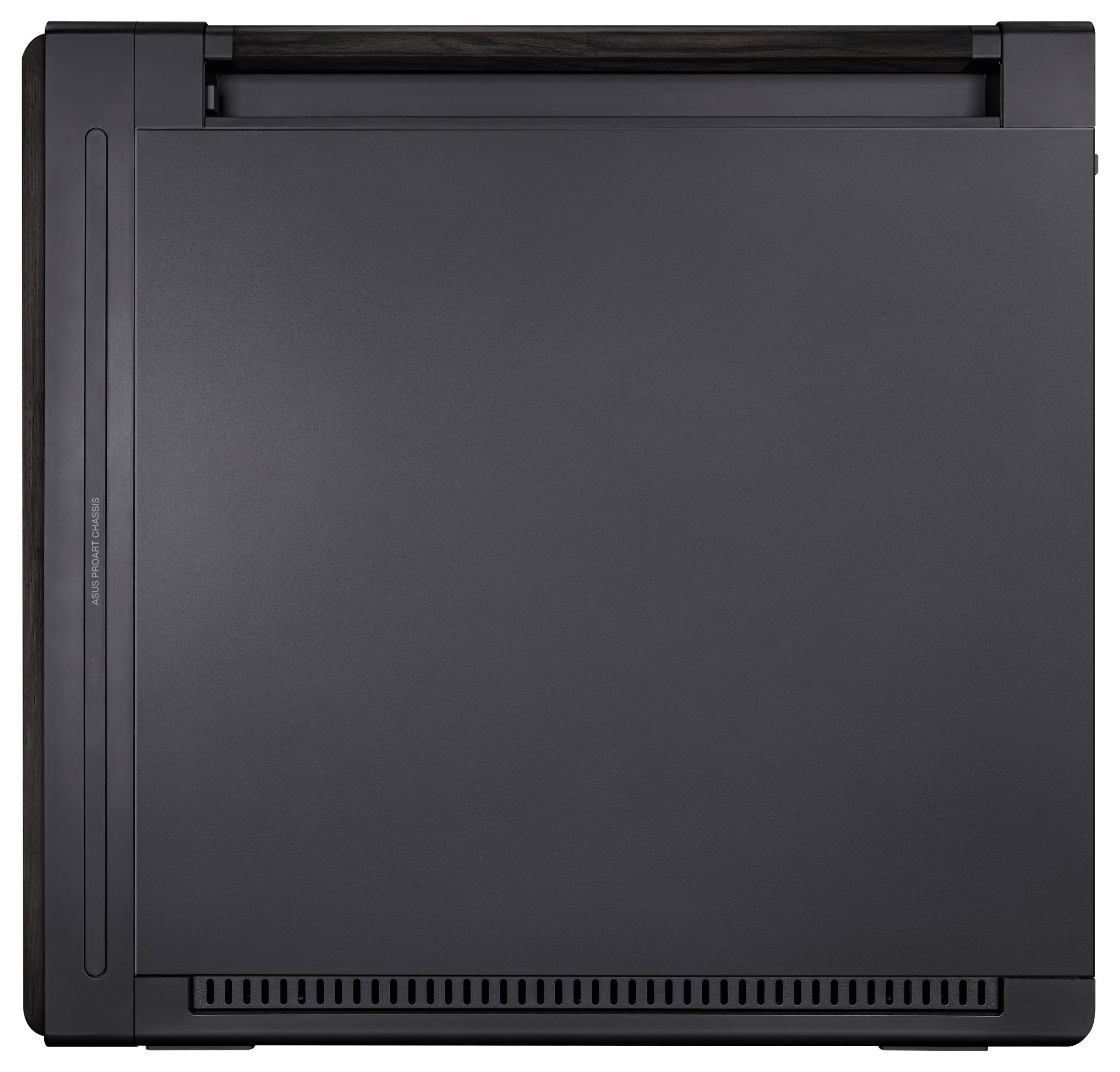 Ein schwarzer Computergehäusedeckel mit rechteckiger Form und grillartigen Lüftungsschlitzen am unteren Rand.