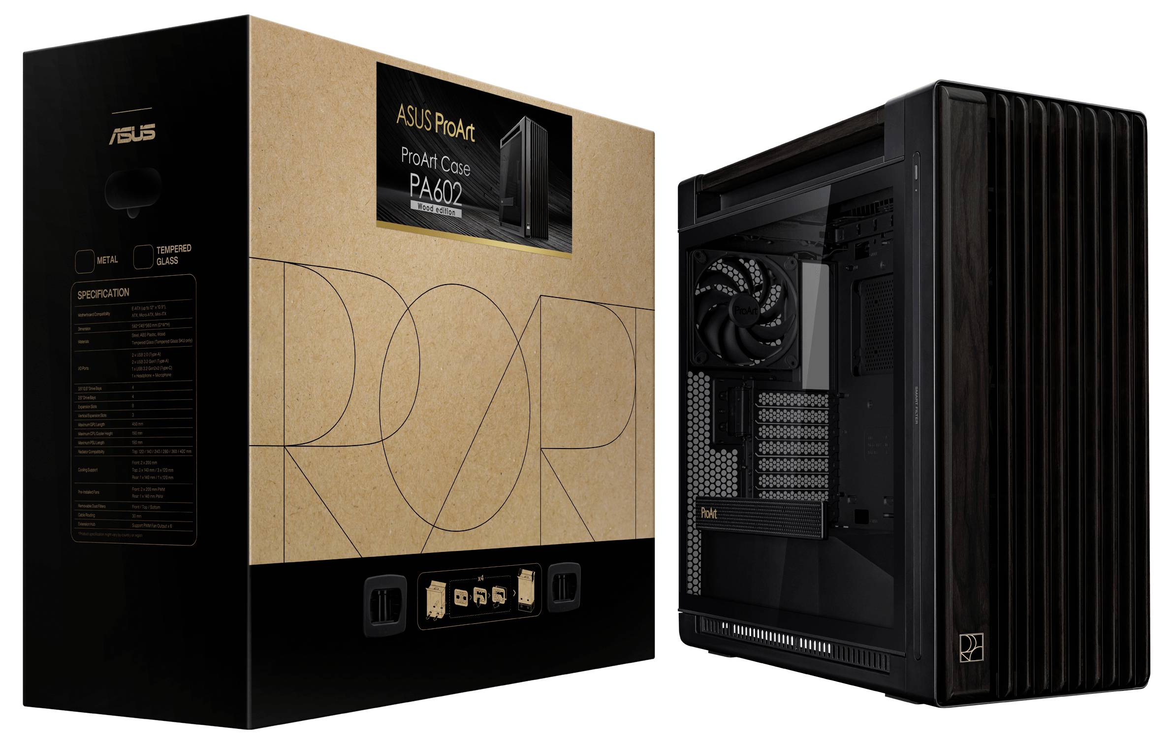 'ASUS ProArt Case PA602' Verpackung und Gehäuse. Die Verpackung zeigt Produktinformationen. Das Gehäuse hat ein modernes, schwarzes Design.