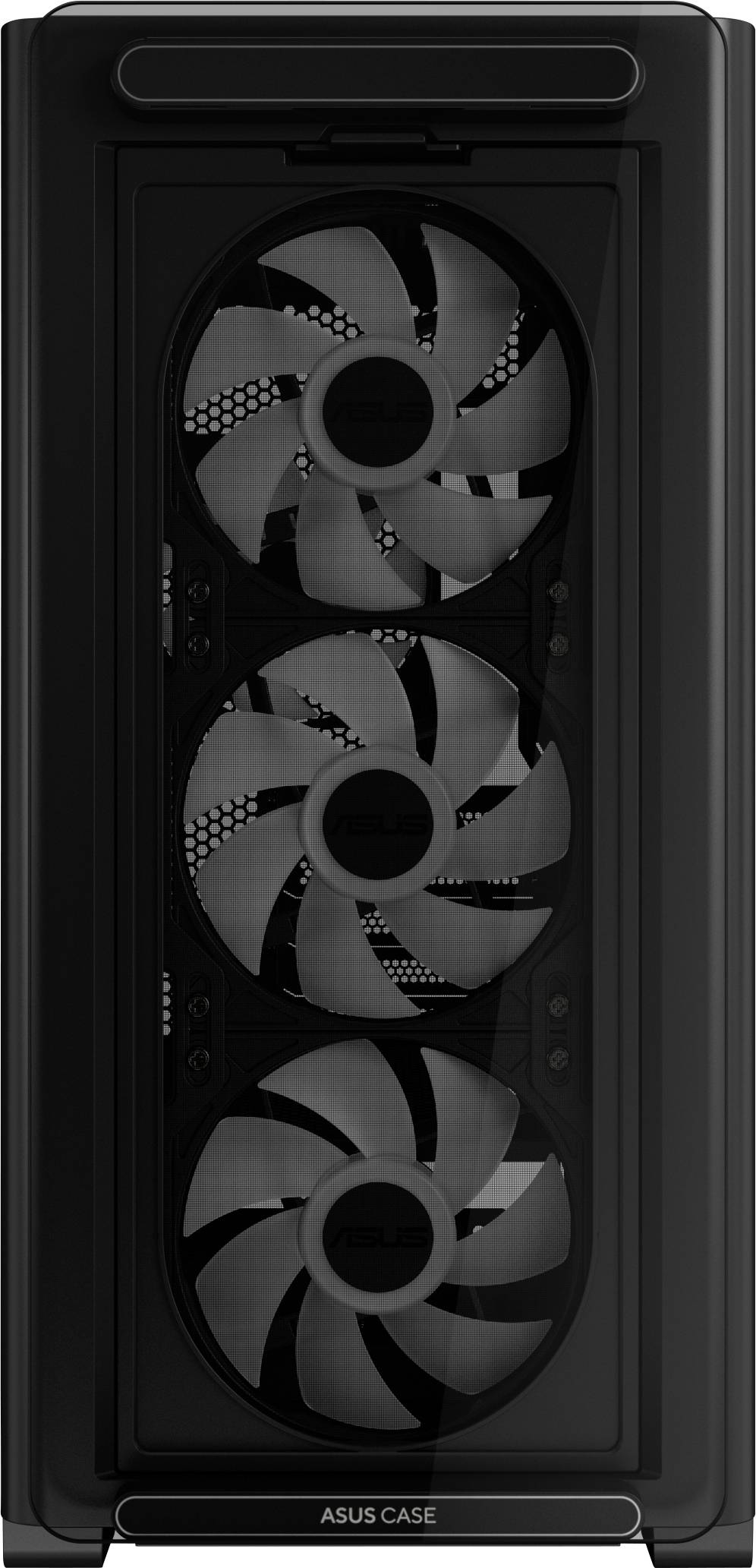 Schwarzes Computergehäuse mit transparentem Panel zeigt drei große Kühlventilatoren. Markierung 'ASUS CASE' an der Unterseite.