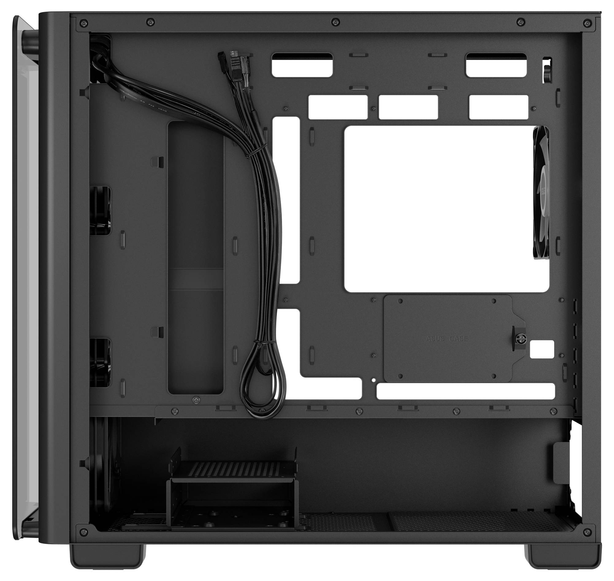 Schwarzes, leeres PC-Gehäuse mit offener Seitenwand. Innen sind Kabel sichtbar, ohne Komponenten installiert.