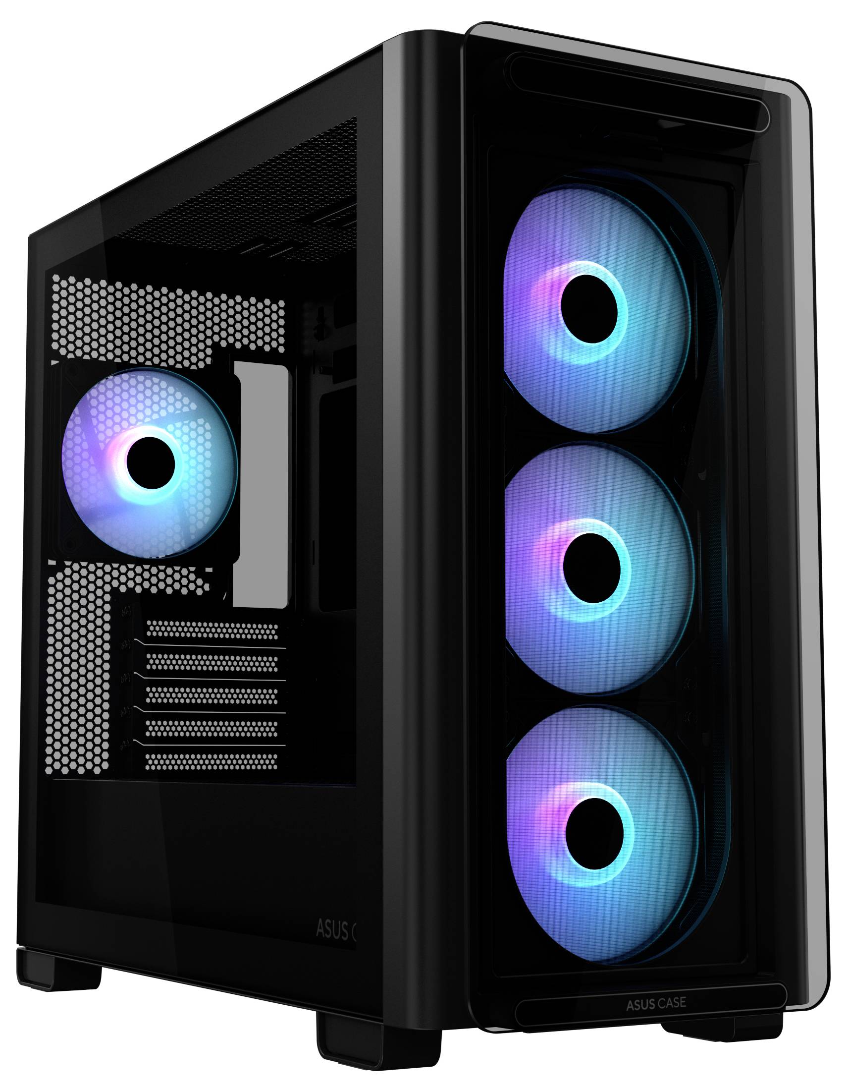 Schwarzes PC-Gehäuse mit vier großen, leuchtenden LED-Lüftern in Blau und Rosa an der Vorderseite und einem Lüfter an der Rückseite.