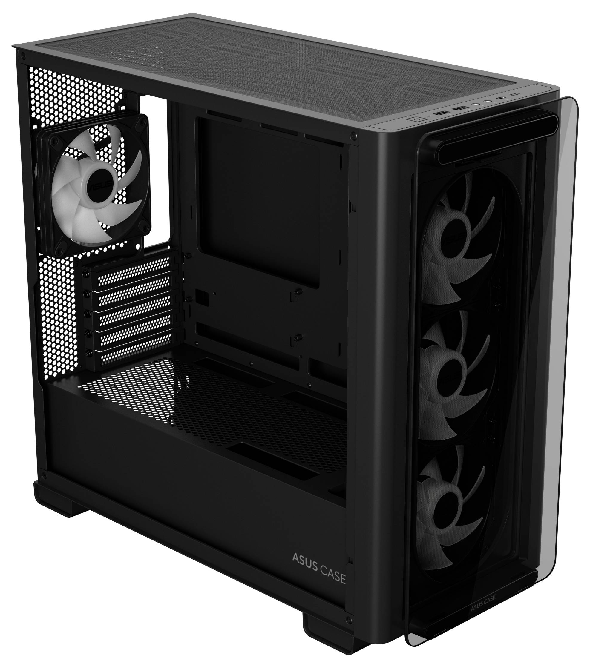 Schwarzes Computergehäuse mit transparentem Seitenpanel. Enthält vier Lüfter, drei vorne und einer hinten, für Kühlung.