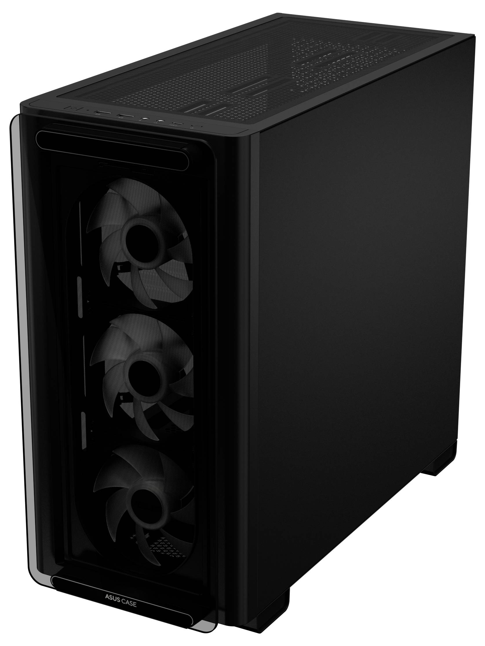 Ein schwarzes Computergehäuse mit drei sichtbaren Lüftern auf der Vorderseite.