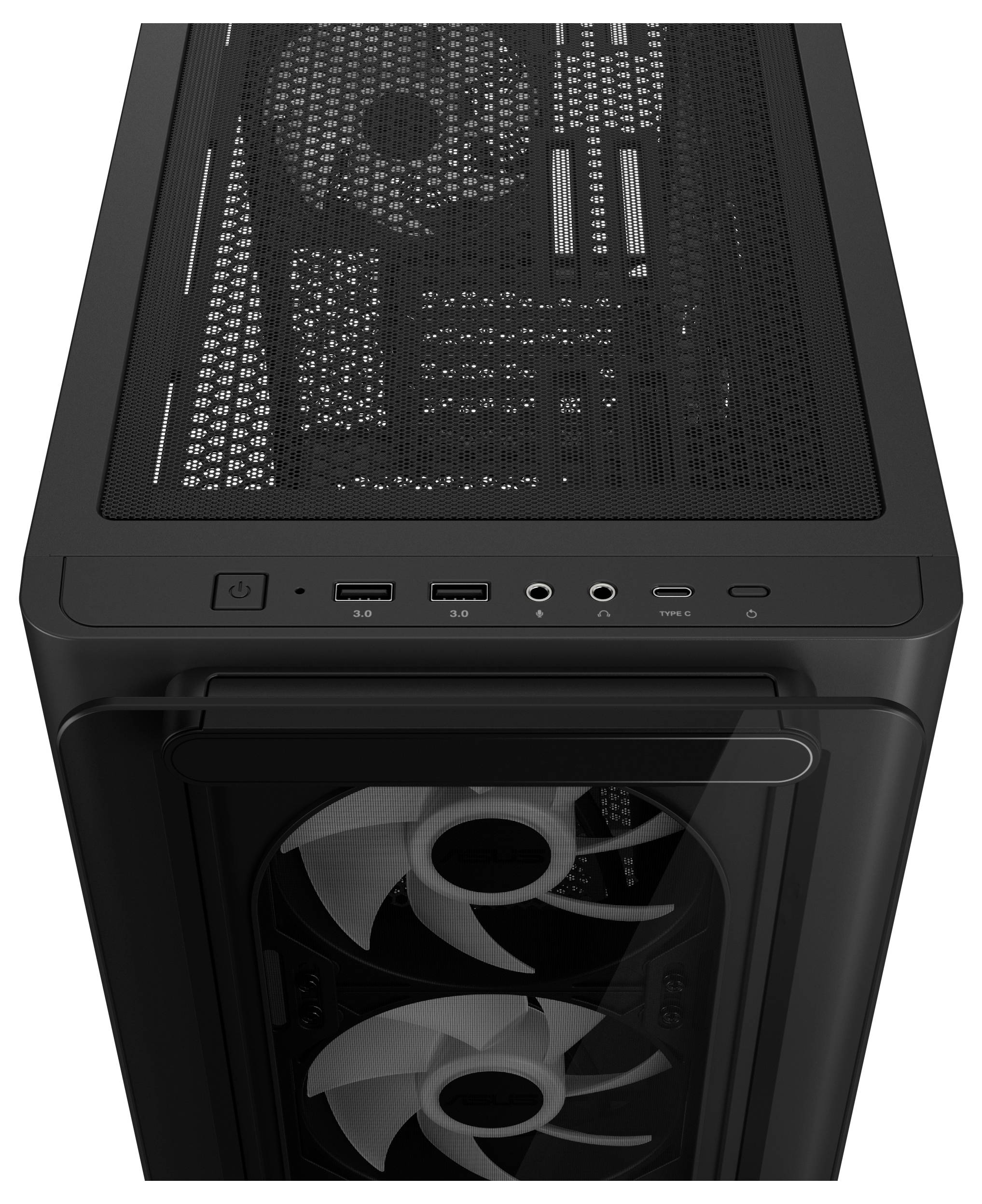 Schwarzes Computergehäuse mit Front- und Deckenlüftern, oberen Bedienelementen und Anschlüssen.