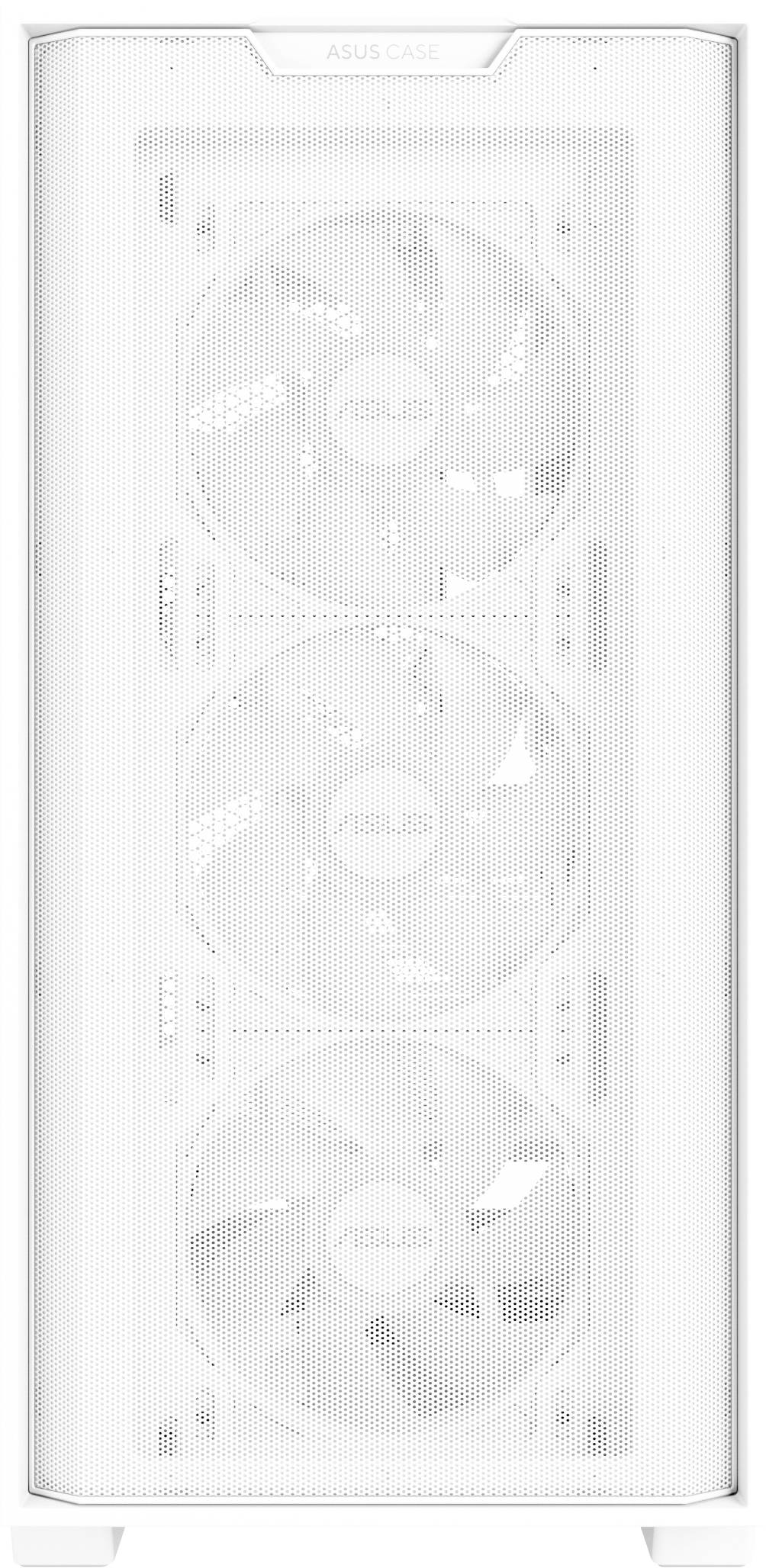 Weißes Computergehäuse mit drei sichtbaren Lüftern an der Vorderseite, die zur Kühlung dienen.