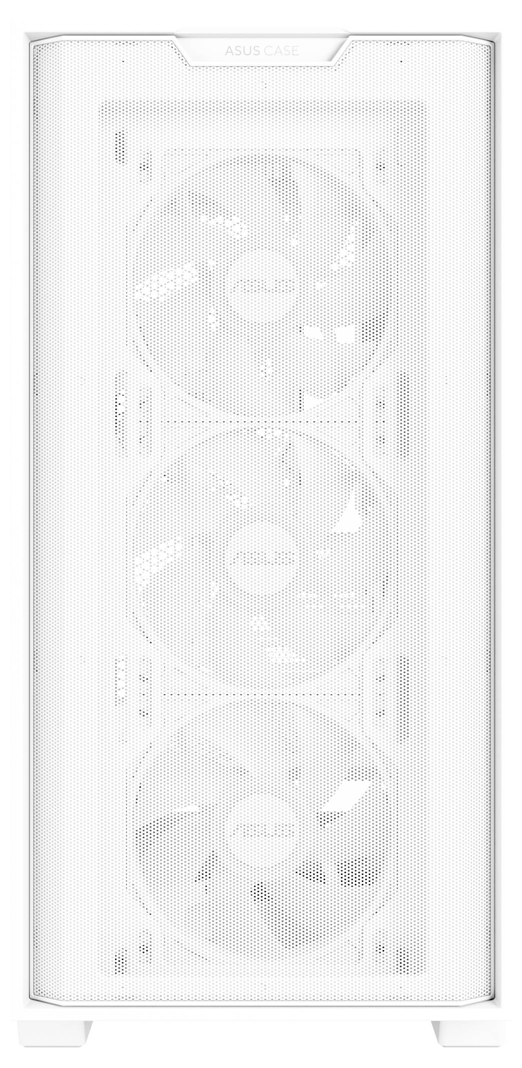 'ASUS Case' in Weiß mit drei Lüftern an der Vorderseite, geeignet für Computerkühlung.