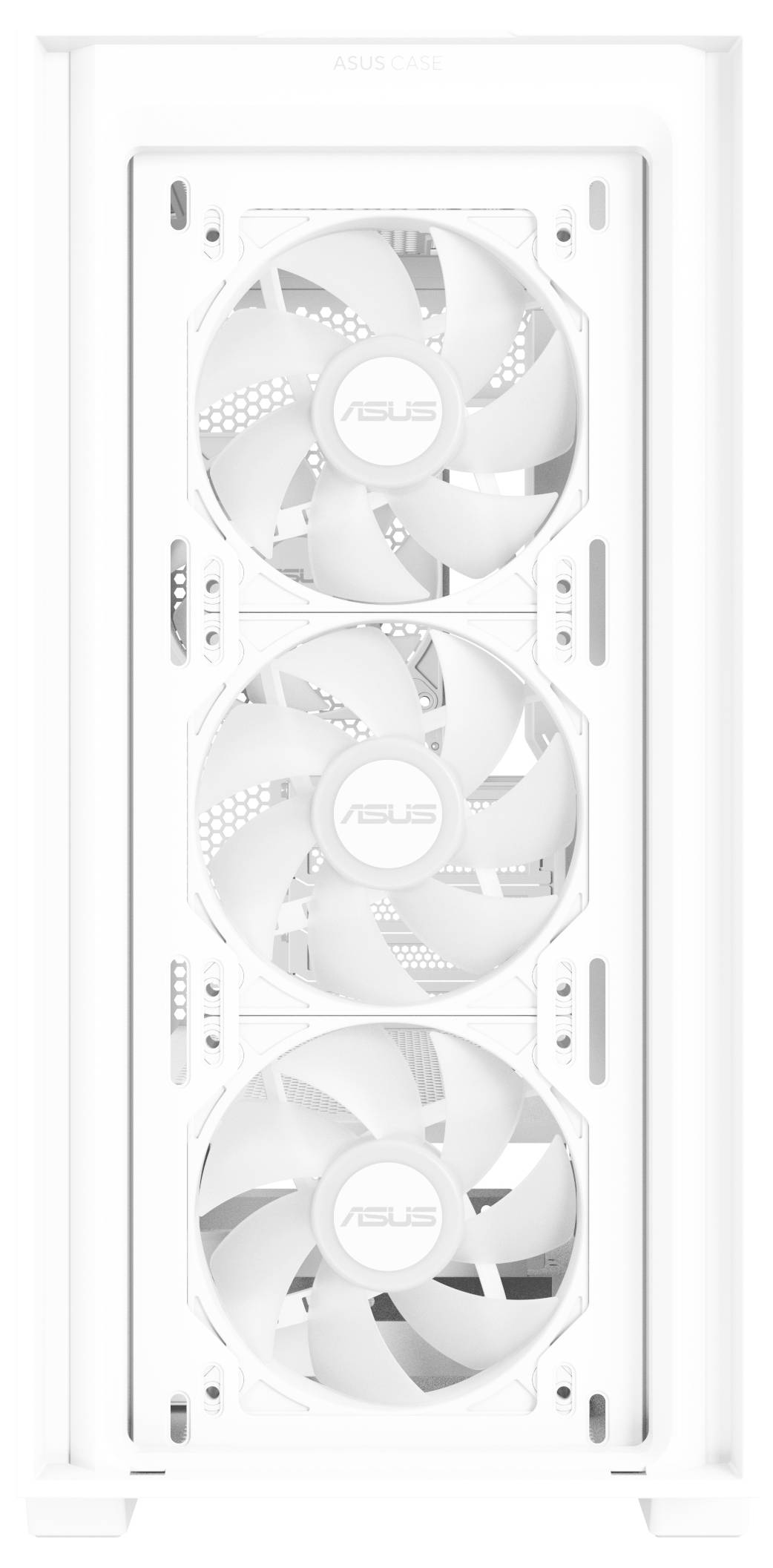 Weißes Computergehäuse mit drei großen Lüftern an der Vorderseite, Markenname auf jedem Lüfter sichtbar.