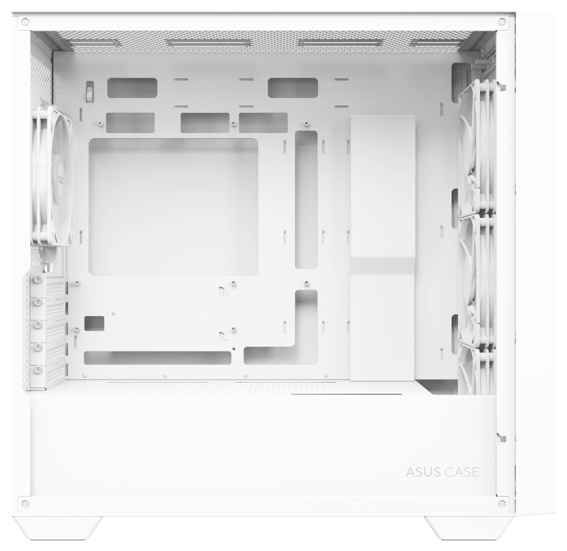 Ein weißes Computergehäuse mit mehreren Lüftern an der Seite und offenem Innenraum zur Installation von Hardware-Komponenten.