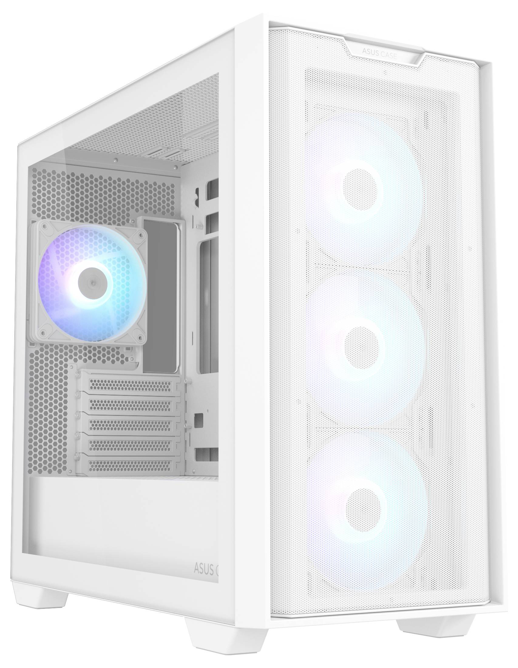 Ein weißes Computergehäuse mit vier leuchtenden Lüftern; drei vorne, einer hinten. Eignet sich zur Belüftung und Kühlung der Computerkomponenten.